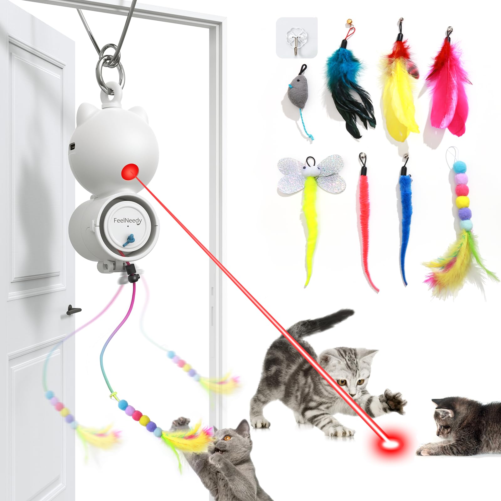 Interactive LED Cat Toys with Bells - 8 PCS Feather & Mouse Teaser Refills for Indoor Cats - Hanging Kitten Exercise Toys for Adult Cats - Perfect for Playtime & Boredom Relief (Silver)