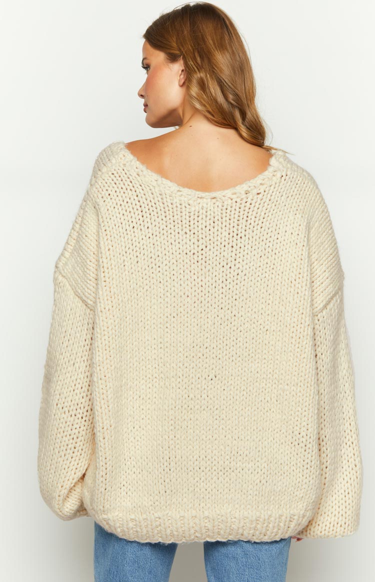Delvey Cream Chunky Knit Sweater for Women - Soft Oversized Cable Knit Pullover - Cozy Winter Sweater for Casual Outfits & Cold Weather