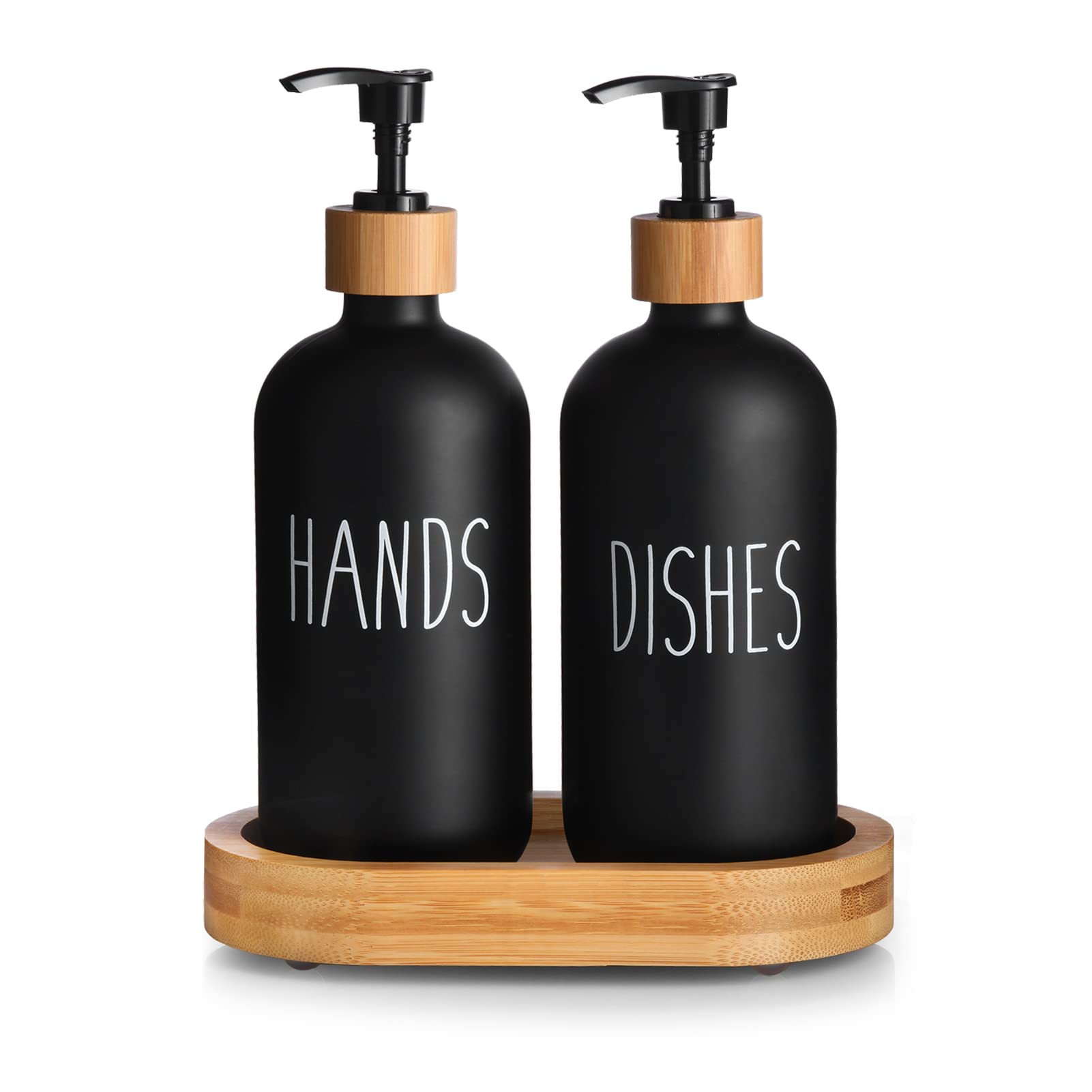 HULISEN Wooden Dish Soap Dispenser Set with Tall Tray - Matte Black Hand & Dish Soap Pump for Kitchen - Modern Farmhouse & Boho Style Home Decor - Perfect for Sink Countertop, Kitchen Island, and Bathroom Organization