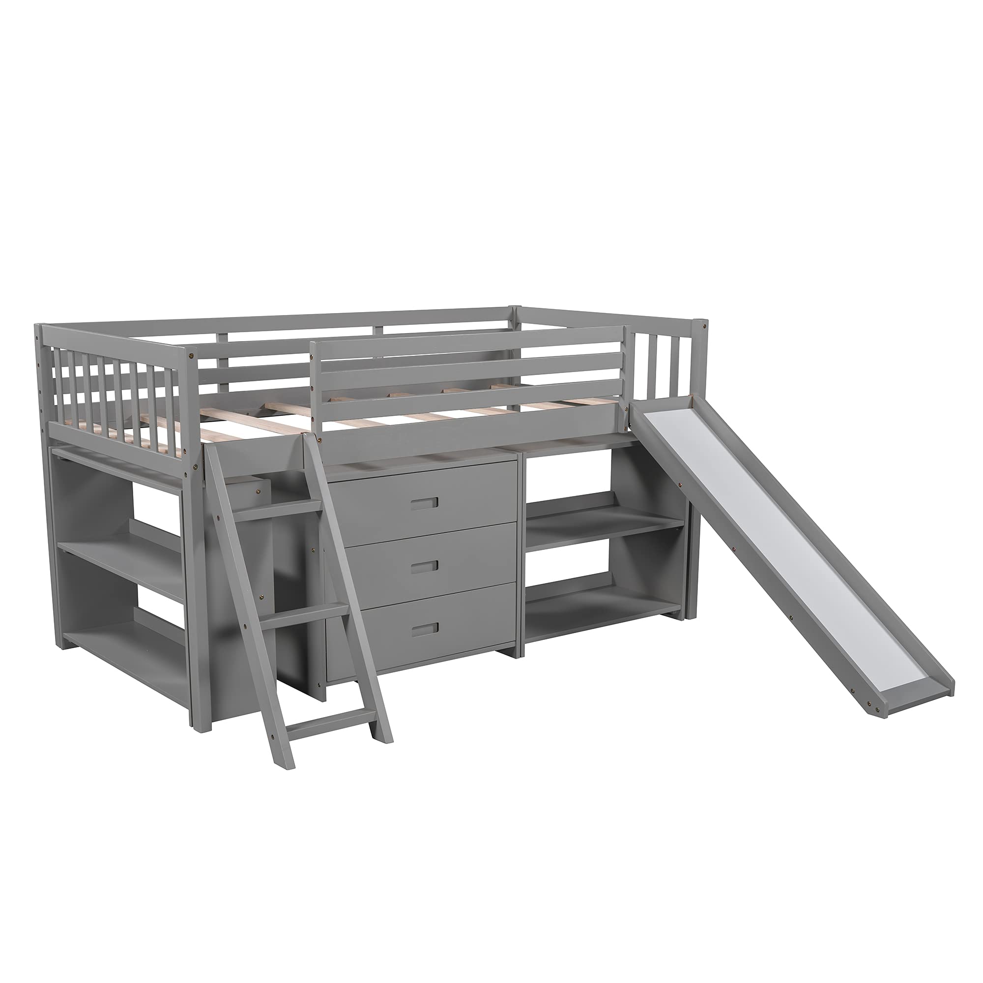 Solid Wood Low Loft Bed for Kids - Twin Size with Convertible Slide & Ladder, Wooden Loft Bed with Built-in Bookcase & 3-Tier Drawers, Space-Saving Design - Perfect for Small Bedrooms, Dorm Rooms & Kids' Play Areas