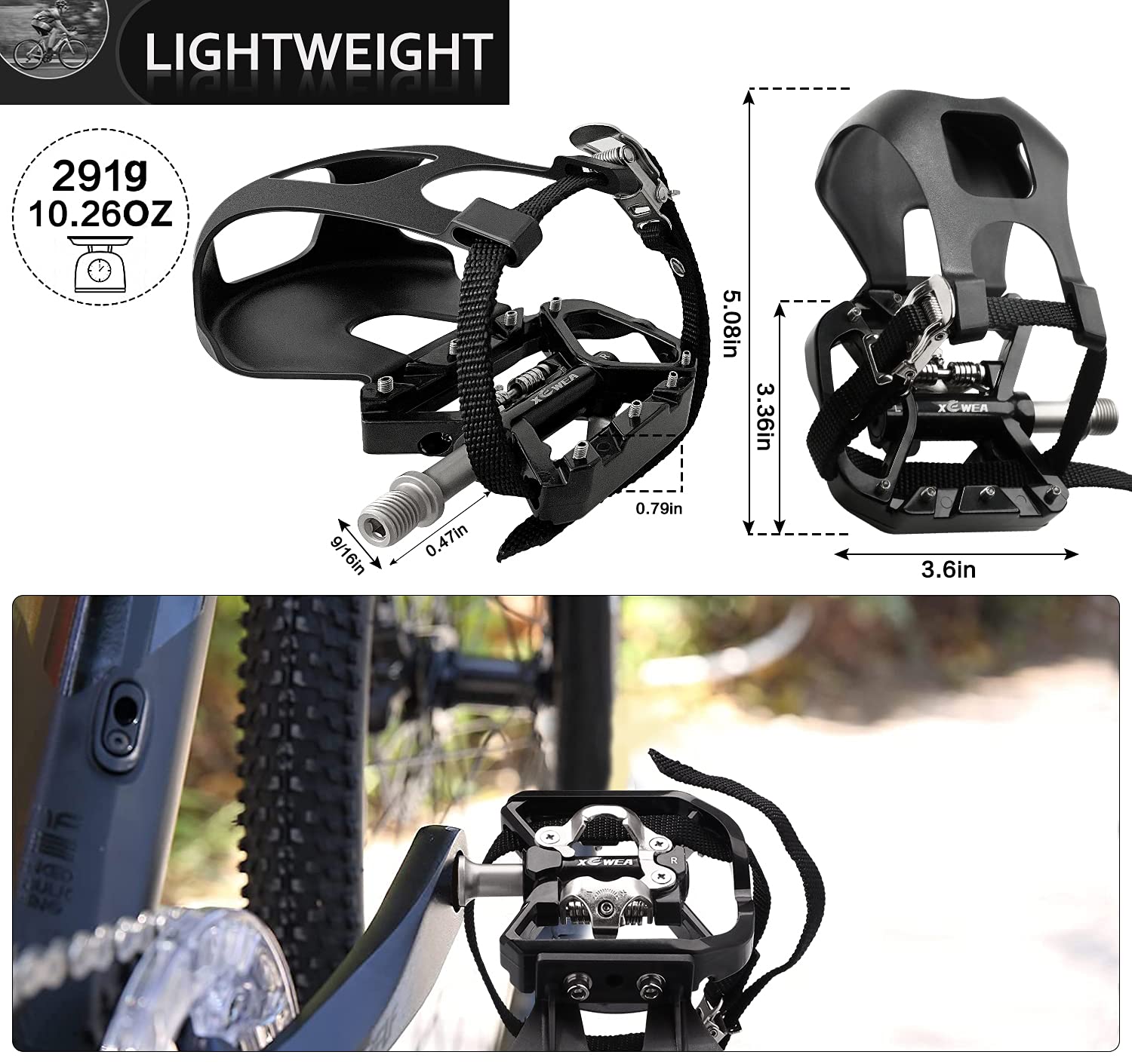 XEWEA SPD Compatible Spin Bike Pedals with Toe Clip Straps - 9/16