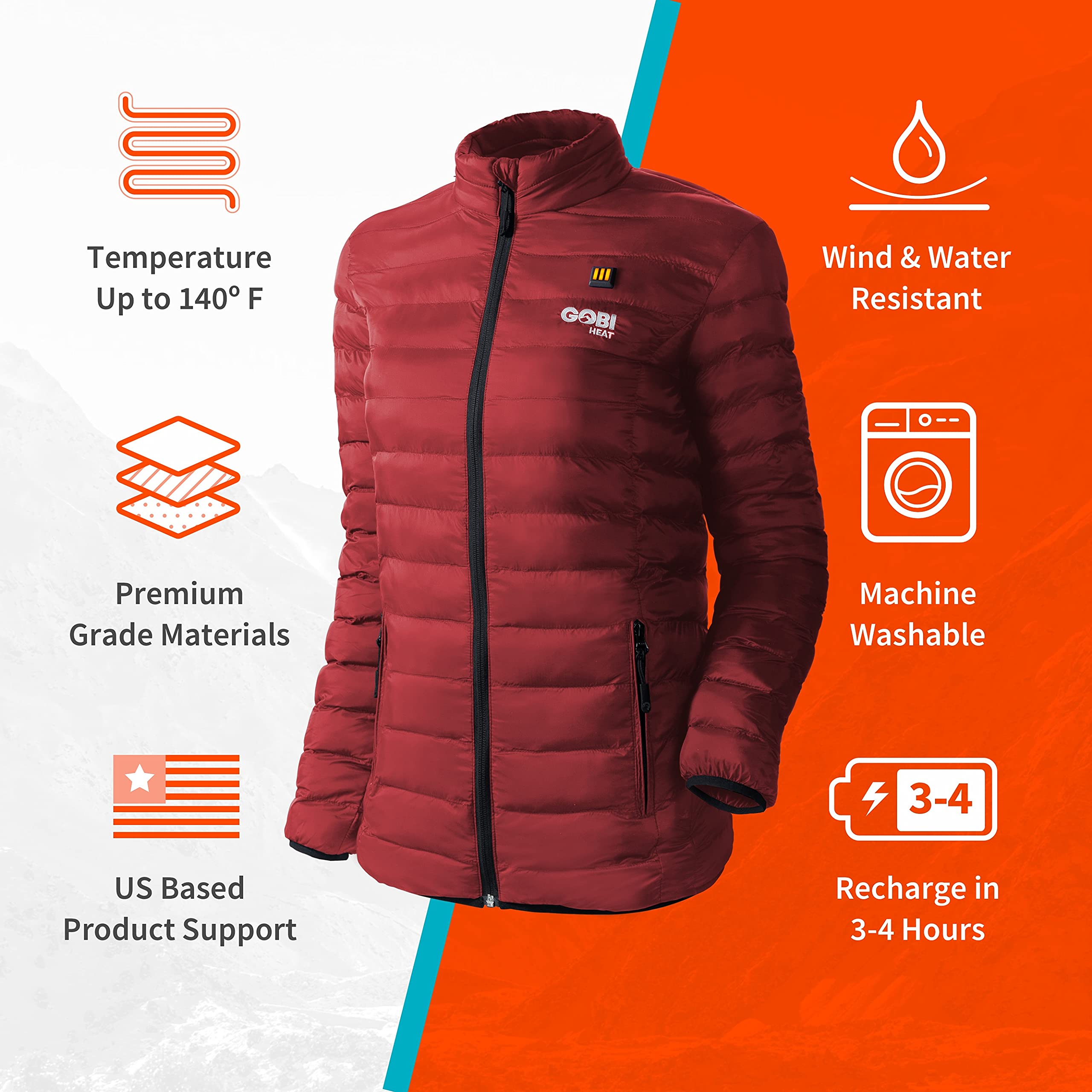 Wolf Women's Puffer Heated Jacket with 9-Hour Heating | Rechargeable Battery & Charger Included | Winter Outdoor Activities, Skiing, Hiking & Cold Weather Wear