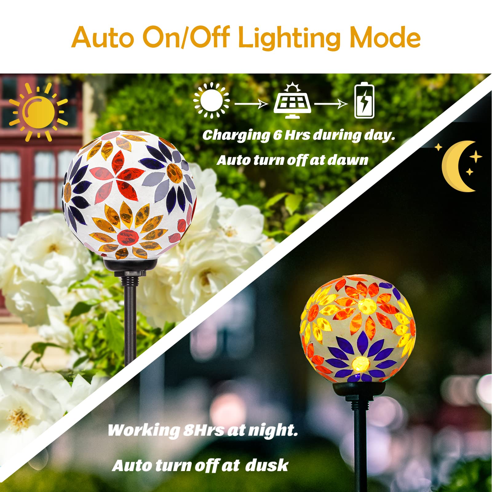 Solar Gazing Ball Mosaic Garden Stakes - Outdoor Solar Lights for Pathway, Yard & Lawn Decoration - Waterproof Flower Decorative Lights (Orange) - Perfect for Garden, Patio & Landscape Lighting
