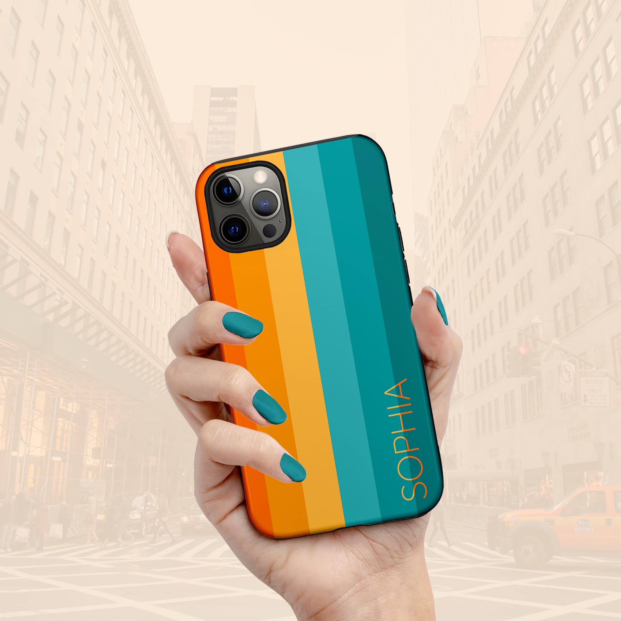Retro Orange Teal Custom Rainbow Phone Case with Personalized Name - Compatible with iPhone 16 Plus, 15 Pro Max, 14, 13 Mini, 12, 11, X/XS Max, XR, 7/8 - Perfect for Everyday Use, Gifts & Special Occasions
