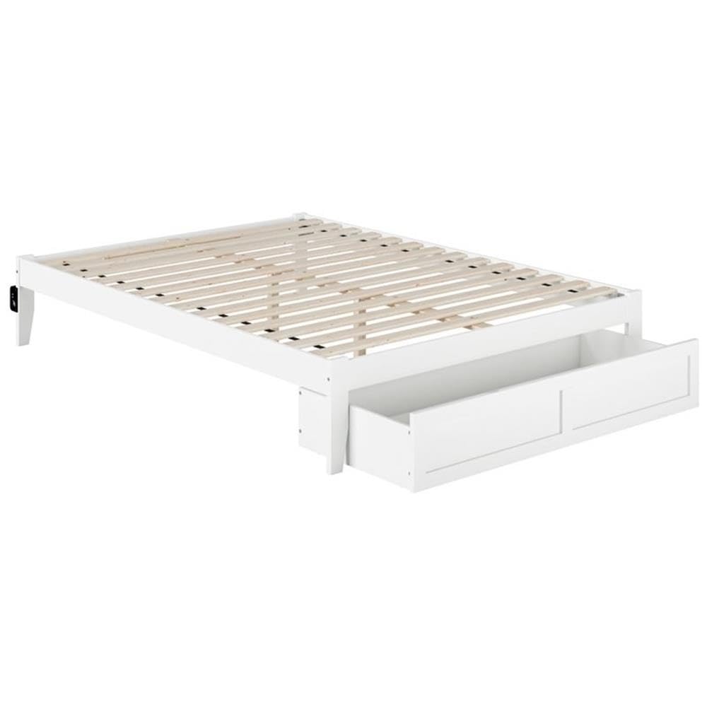 BOWERY HILL Modern Solid Wood Queen Bed with Foot Drawer in White - Stylish Storage Bed Frame for Small Bedrooms & Guest Rooms