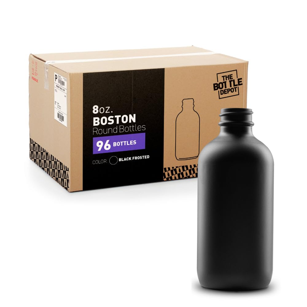 96 Pack 8 oz Black Frosted Glass Boston Round Bottles - 28-400 Neck Finish - Wholesale Bulk (Closures Not Included) - Ideal for Essential Oils, DIY Skincare, Spice Storage & Home Brewing