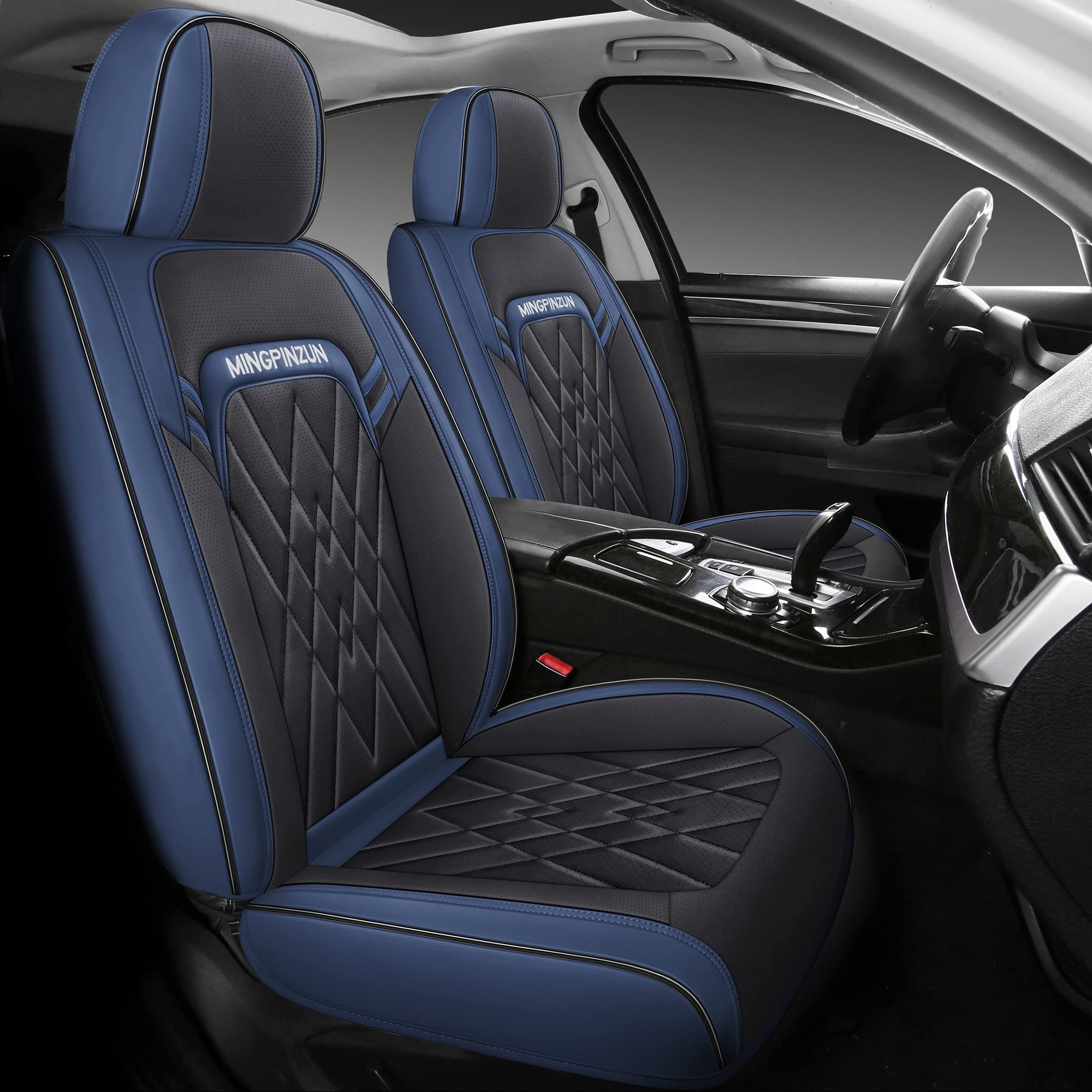 Quiln02 Leatherette Car Seat Covers - Universal 5-Passenger Car & SUV Seat Protectors - Airbag Compatible Synthetic Leather Cushion Covers for Cars, Trucks & SUVs (Black & Blue) - Perfect for Daily Commute, Road Trips & Family Protection