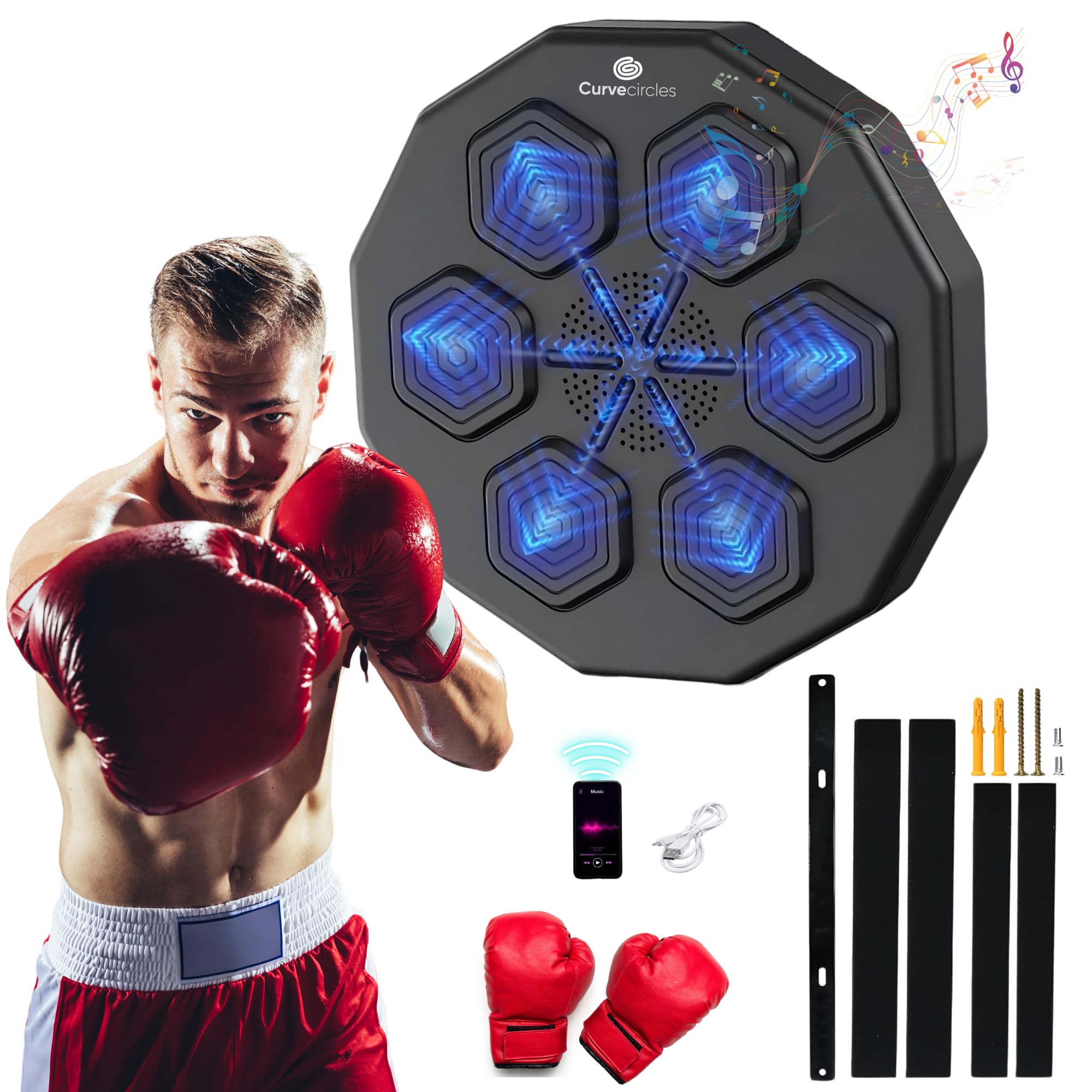 Bluetooth Boxing Machine for Adults & Kids - Wall Mounted Music Punching Bag with Boxing Gloves | Home Gym Equipment for Fitness & Stress Relief | Perfect for Boxing Workouts, Cardio Training & Fun Family Exercise