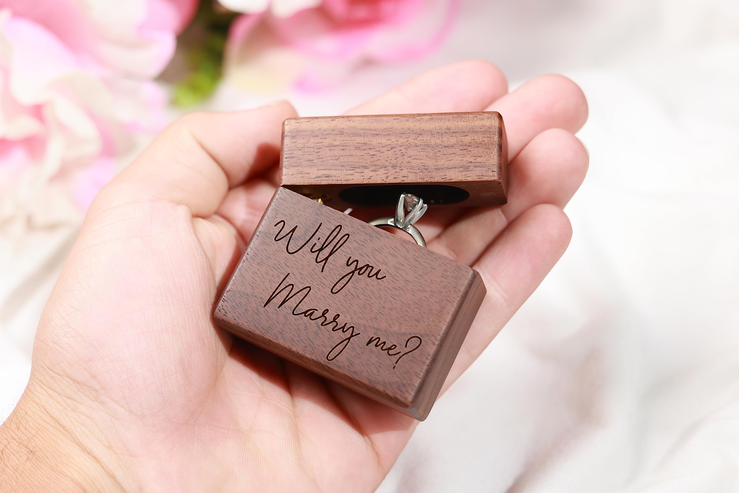 Engraved Slim Wooden Proposal Ring Box for Engagement Wedding - Personalized Ring Bearer Gift Box - Anniversary Birthday Present for Couples - Perfect for Wedding Ceremonies, Proposals & Romantic Surprises