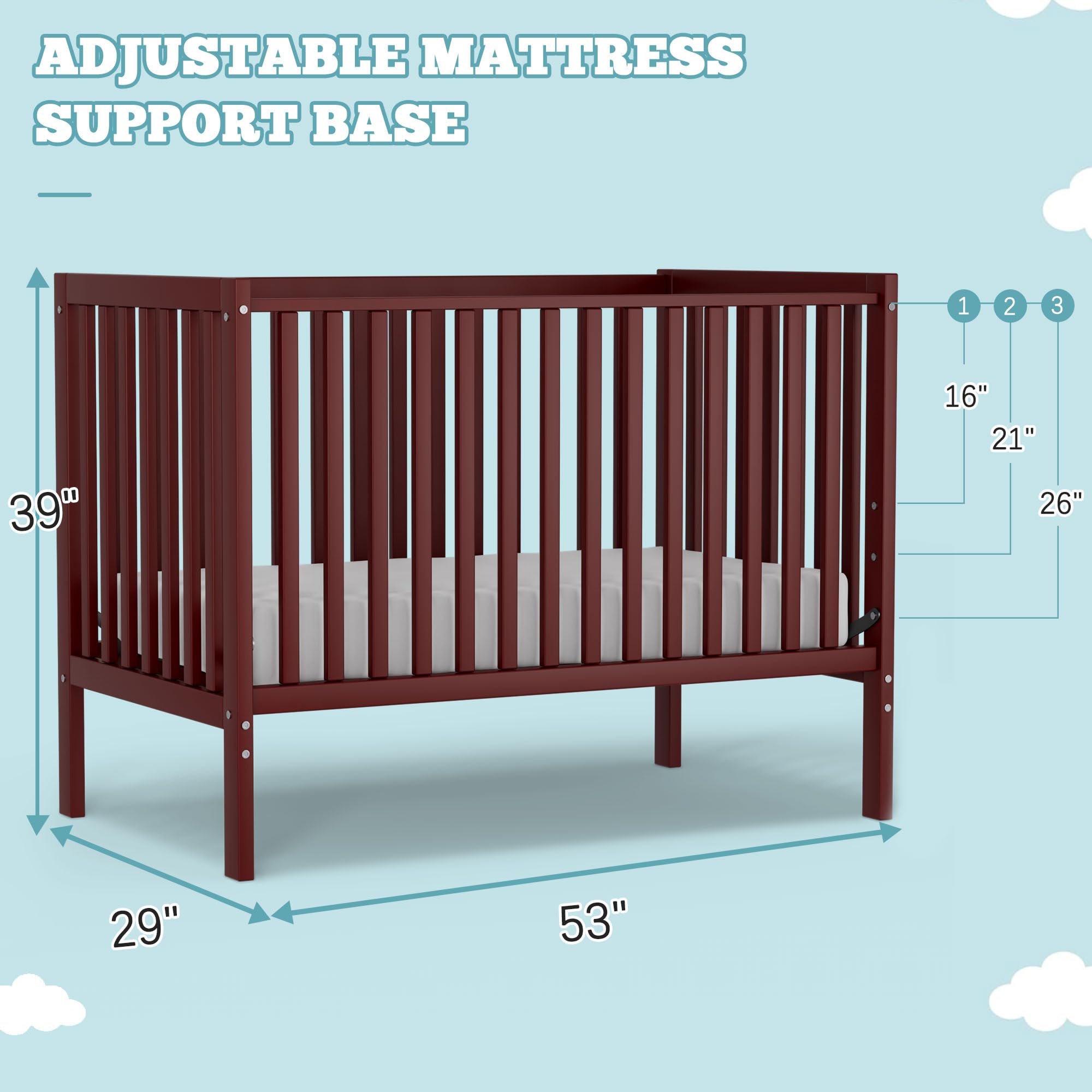5-in-1 Convertible Baby Crib to Toddler Bed - Sustainable Natural Pinewood, Non-Toxic Finish, Full Size Nursery Furniture (Cherry) - Perfect for Small Spaces & Growing Families