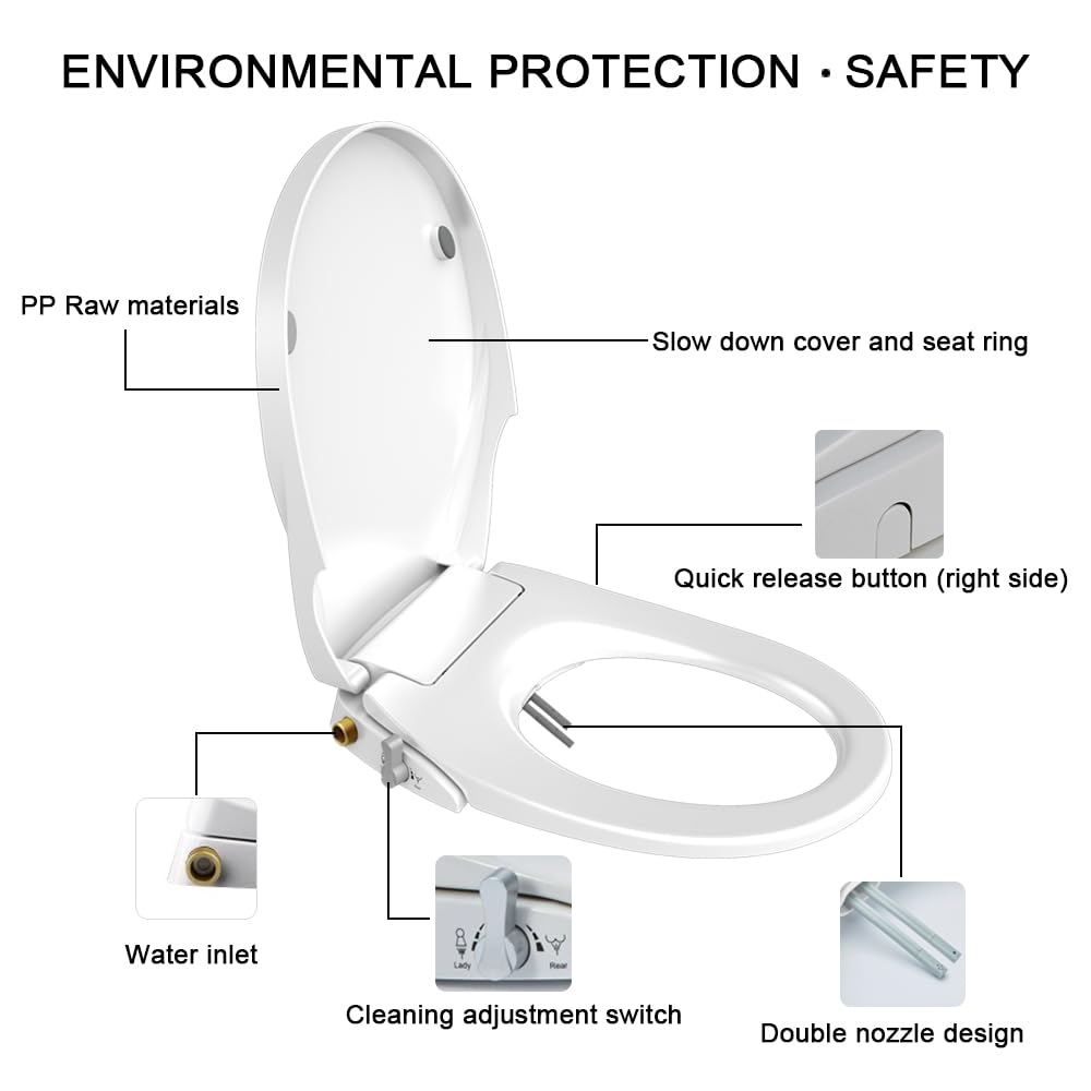 Non-Electric Bidet Toilet Seat with Self-Cleaning Dual Nozzles - Warm Water Spray for Feminine & Rear Wash, Soft Close Hinges, Easy DIY Installation - Perfect for Bathroom Upgrade & Hygienic Cleaning