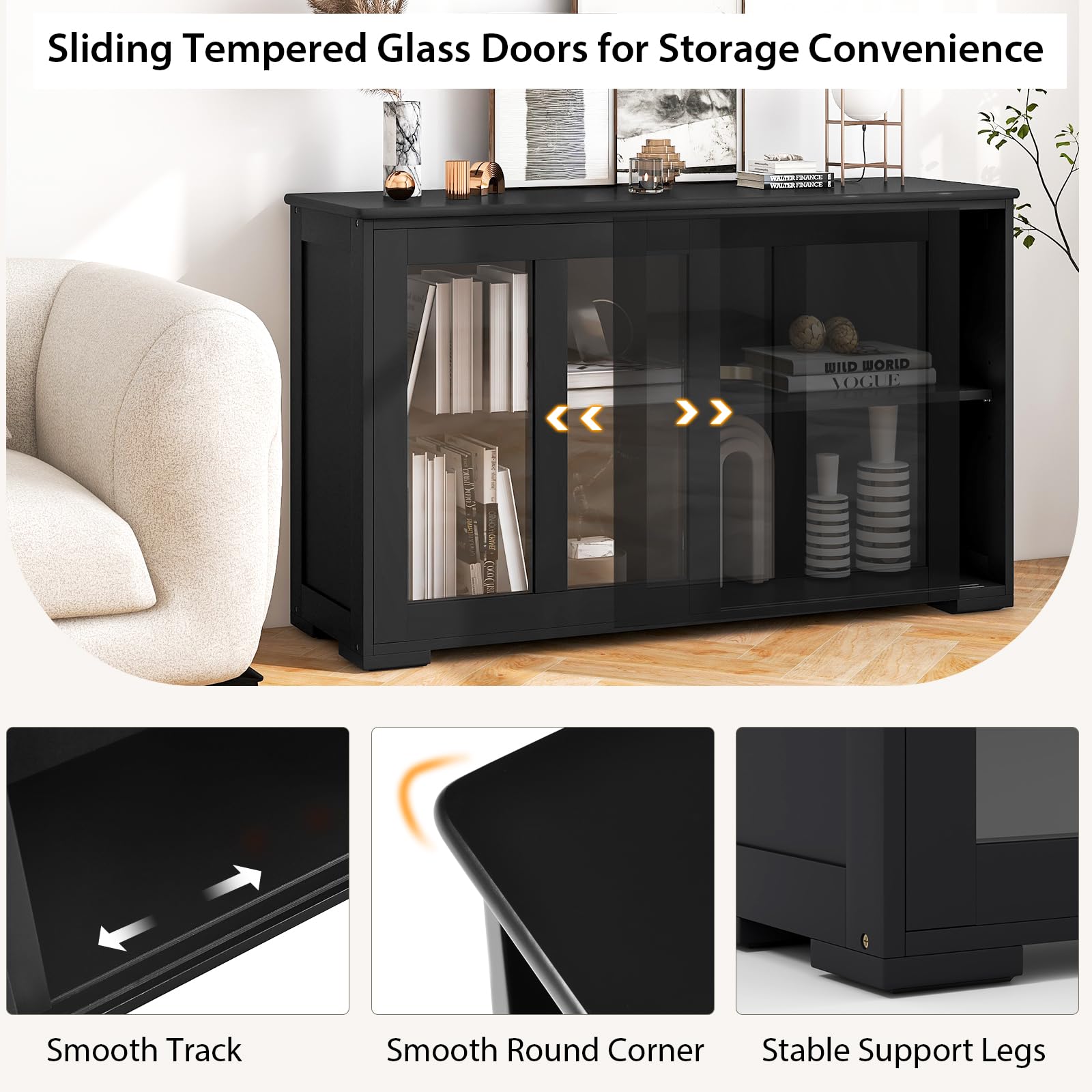 Costzon 2-Door Wooden Sideboard Buffet Cabinet with Adjustable Shelf & Sliding Glass Doors - Kitchen Storage, Coffee Bar Console Table for Living Room, Dining Room, Hallway - Perfect for Home Decor & Entertaining Guests