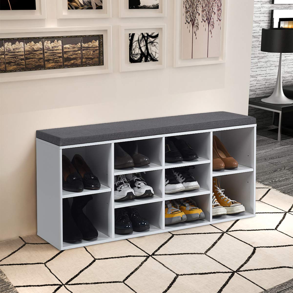 KOTEK White 10-Cube Wooden Shoe Bench with Cushion & Adjustable Shelves - Shoe Storage Cabinet Organizer for Entryway, Living Room, Bedroom - Perfect for Small Spaces & Home Organization