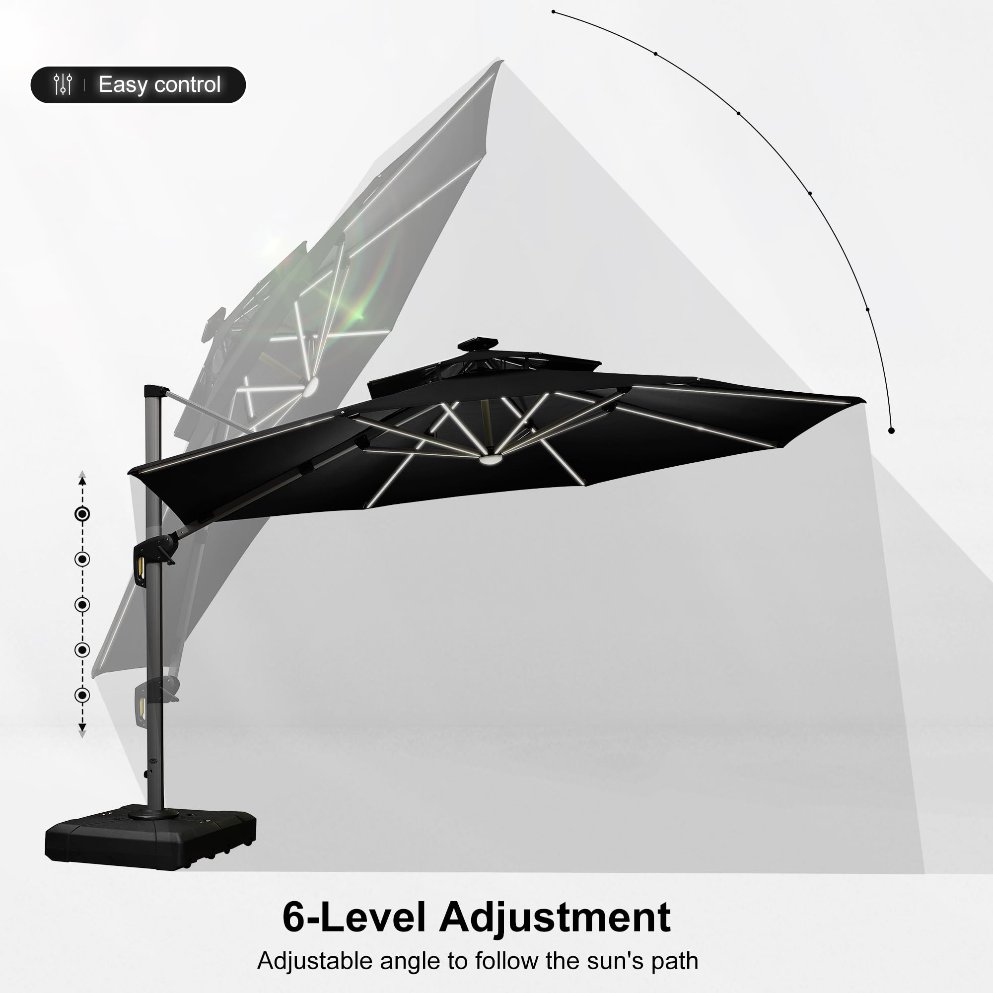12ft Solar Powered LED Patio Umbrella - Large Windproof Cantilever Outdoor Umbrella with Bright LED Lights for Garden, Pool, Deck & Backyard - Heavy Duty Sun Shade Perfect for Lounging, Dining & Outdoor Relaxation (Black)