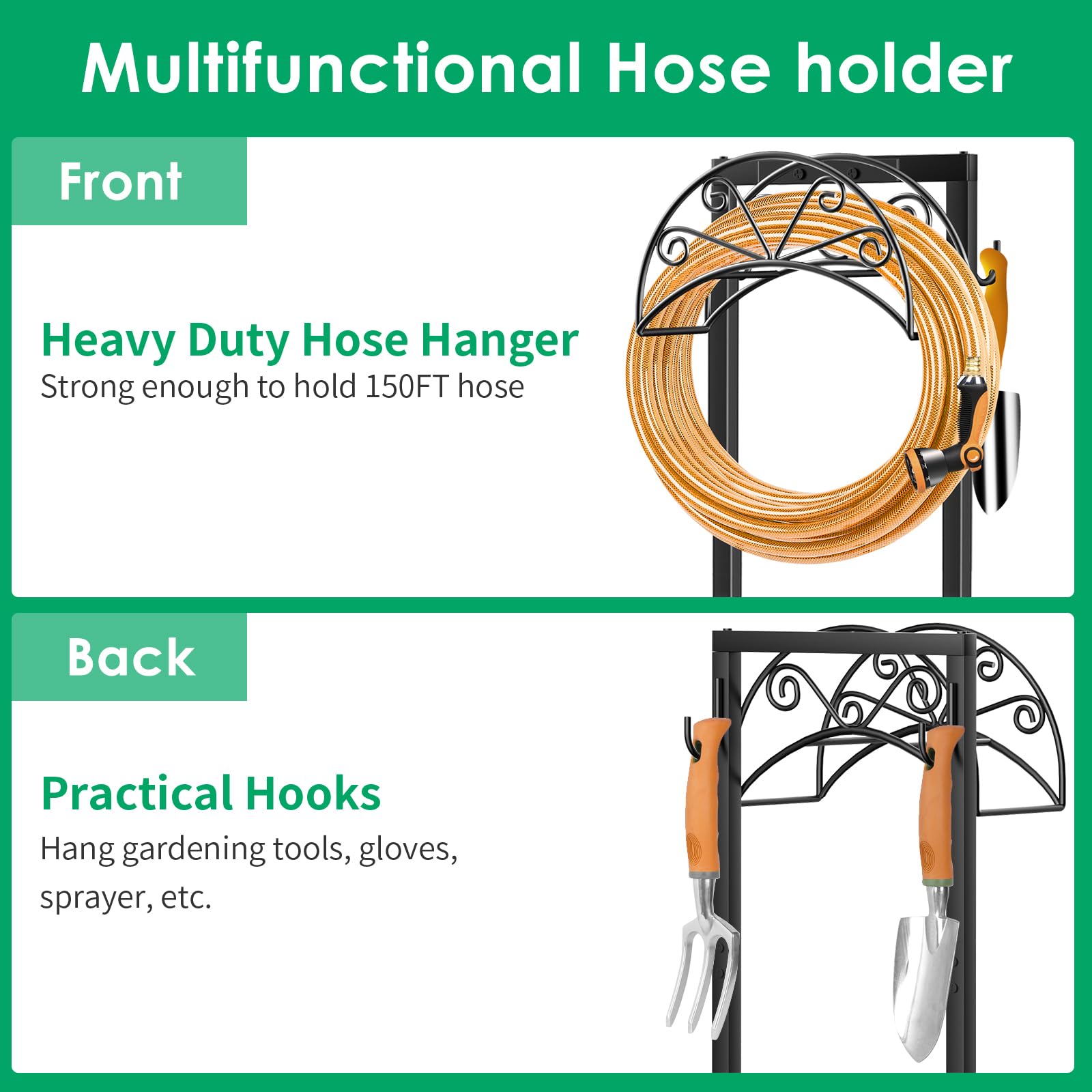 Heavy Duty Freestanding Garden Hose Holder with 4 Spikes & 2 Tool Hooks - Sturdy Outdoor Water Hose Storage Stand for 160 FT Hose - Perfect for Yard, Lawn, Garden Watering & Tool Organization (Black)