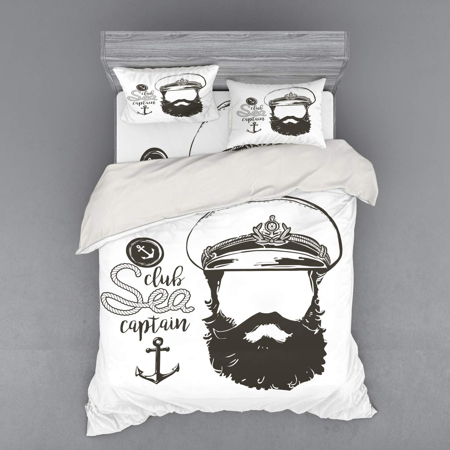 Ambesonne Anchor Duvet Cover Set - 4 Piece Nautical Bedding with Shams & Fitted Sheet, Queen Size Brown & White, Faceless Captain Portrait with Hat & Beard - Perfect for Coastal, Beach House or Sailor Themed Bedrooms