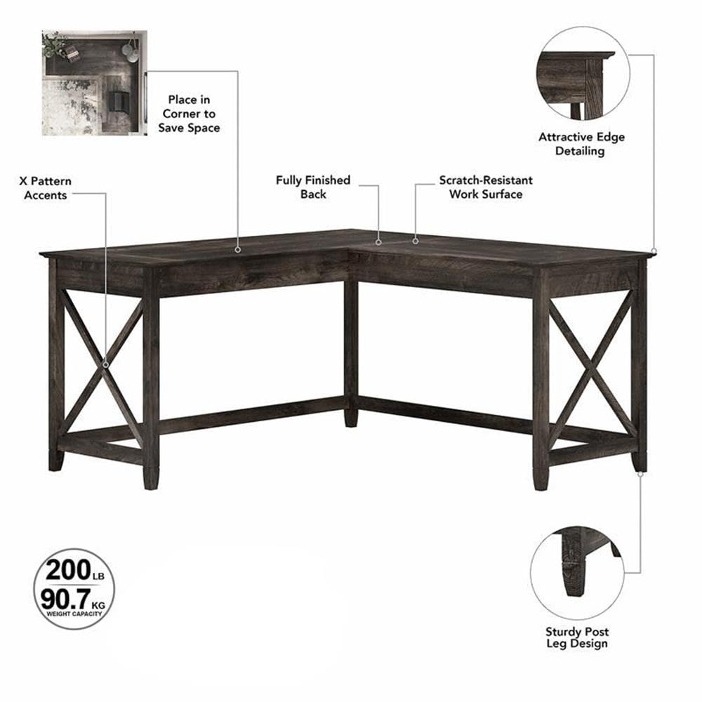Atlin Designs L-Shaped Farmhouse Wood Desk in Dark Gray Hickory - Rustic Home Office Furniture for Small Spaces, Perfect for Remote Work & Study