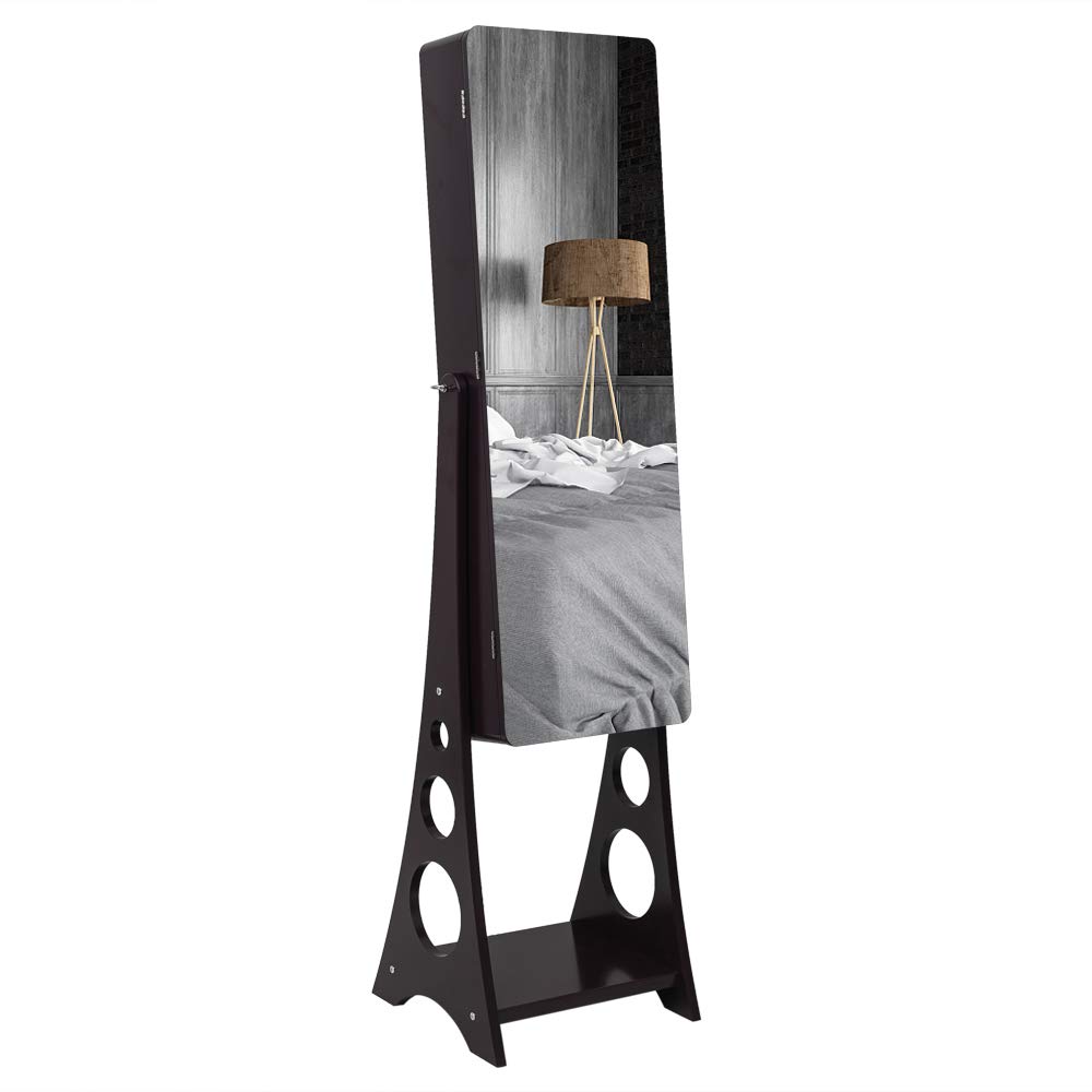 Full-Length Mirror with Wooden Floor Stand - 3-Tier Shelf, 4 Drawers & 8 Blue LED Lights - Jewelry Storage Cabinet with Adjustable Arc Mirror (Dark Brown) - Perfect for Bedroom, Dressing Room & Closet Organization
