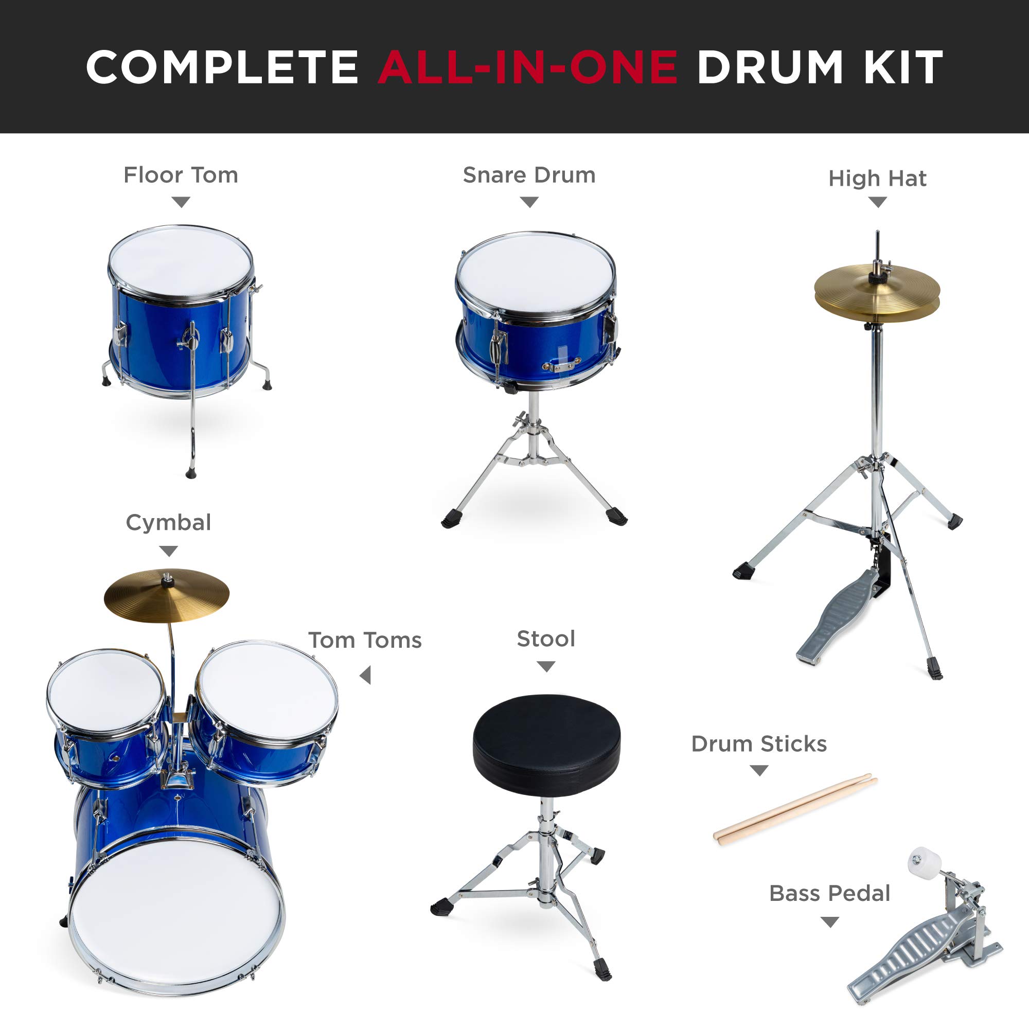 Best Choice Products 5-Piece 16in Kids Drum Set - Junior Drum Kit with Cymbals, Pedal, Drumsticks & Stool - Perfect Beginner Percussion Set for Children (Blue) | Ideal for Music Lessons, Birthday Gifts & Home Practice
