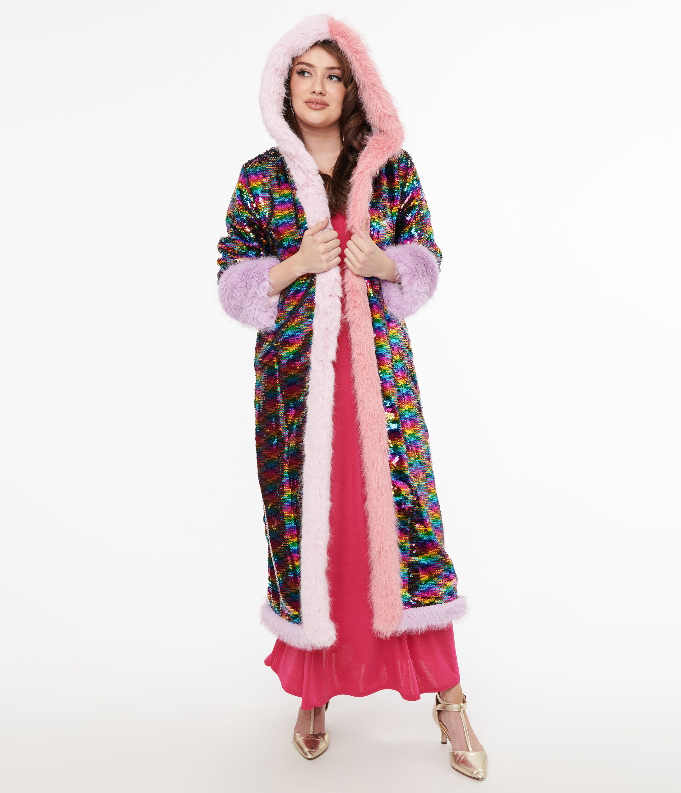 Sparkling Rainbow Sequin Long Coat for Women - Elegant Party Wear, Evening Gala & Special Occasions
