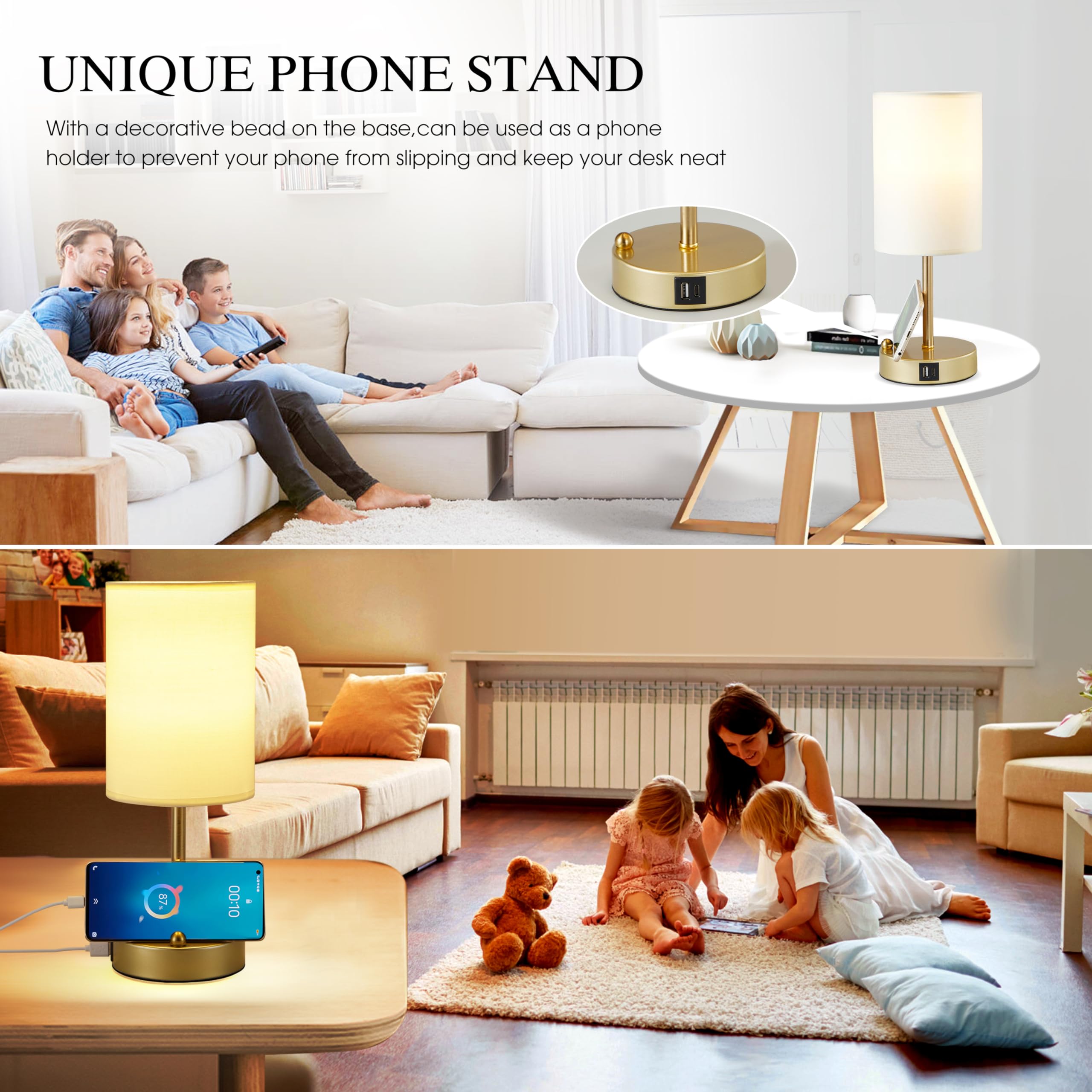 Briever Touch Control Table Lamp - 3-Way Dimmable Bedside Lamp with USB Charging Ports, Gold Phone Stand & Round Linen Shade (Bulb Included) | Perfect for Bedroom Nightstand, Home Office Desk & Reading Nook Lighting