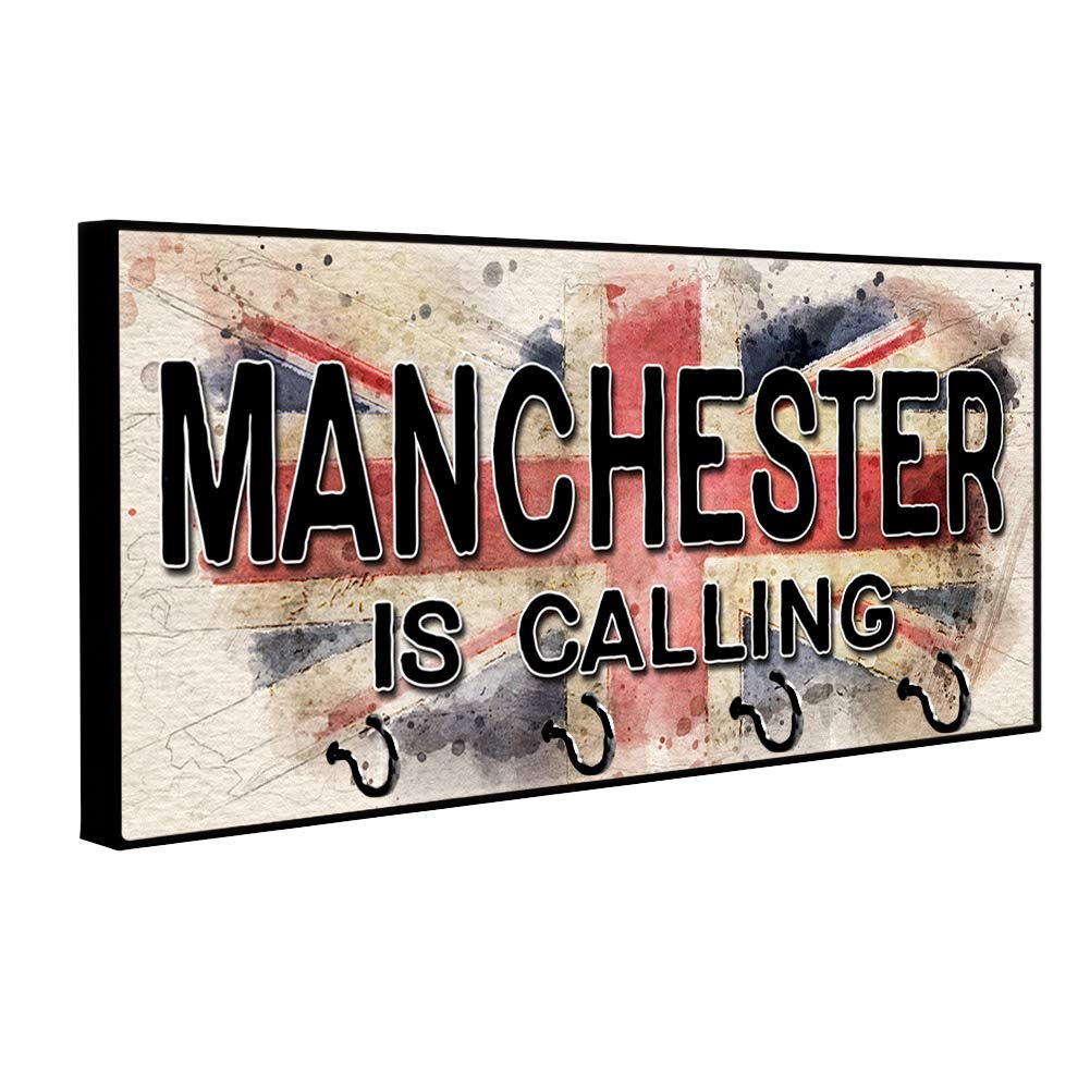Manchester United Kingdom British Flag Watercolor Design Key Holder - Wall Mount Key Organizer Rack for Home Keys, Rings & Decor | Perfect for Entryway, Kitchen & Office Organization