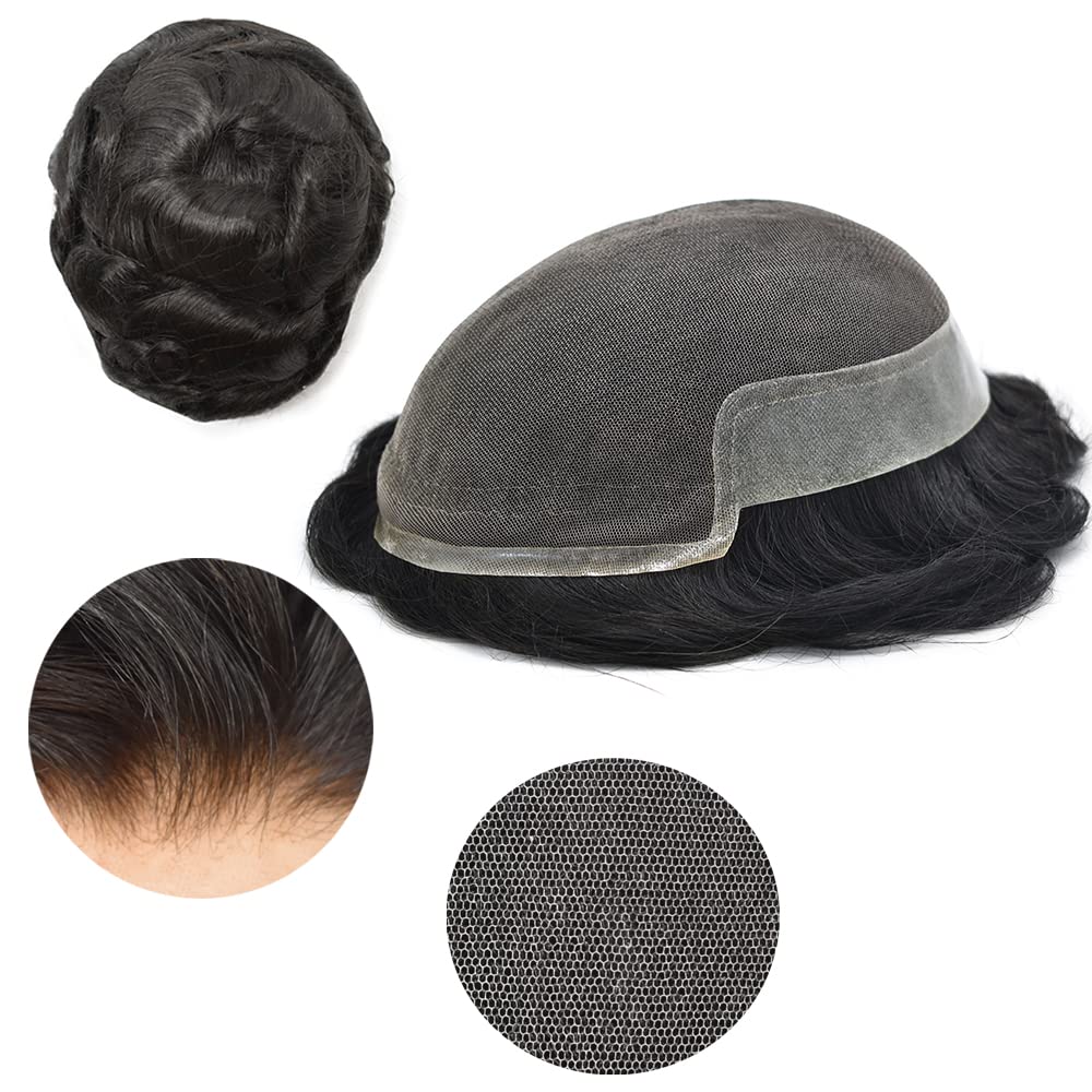 **Men's Swiss Lace Toupee - 100% Human Hair Replacement System with PU Bleached Knots & Natural Hairline - 8