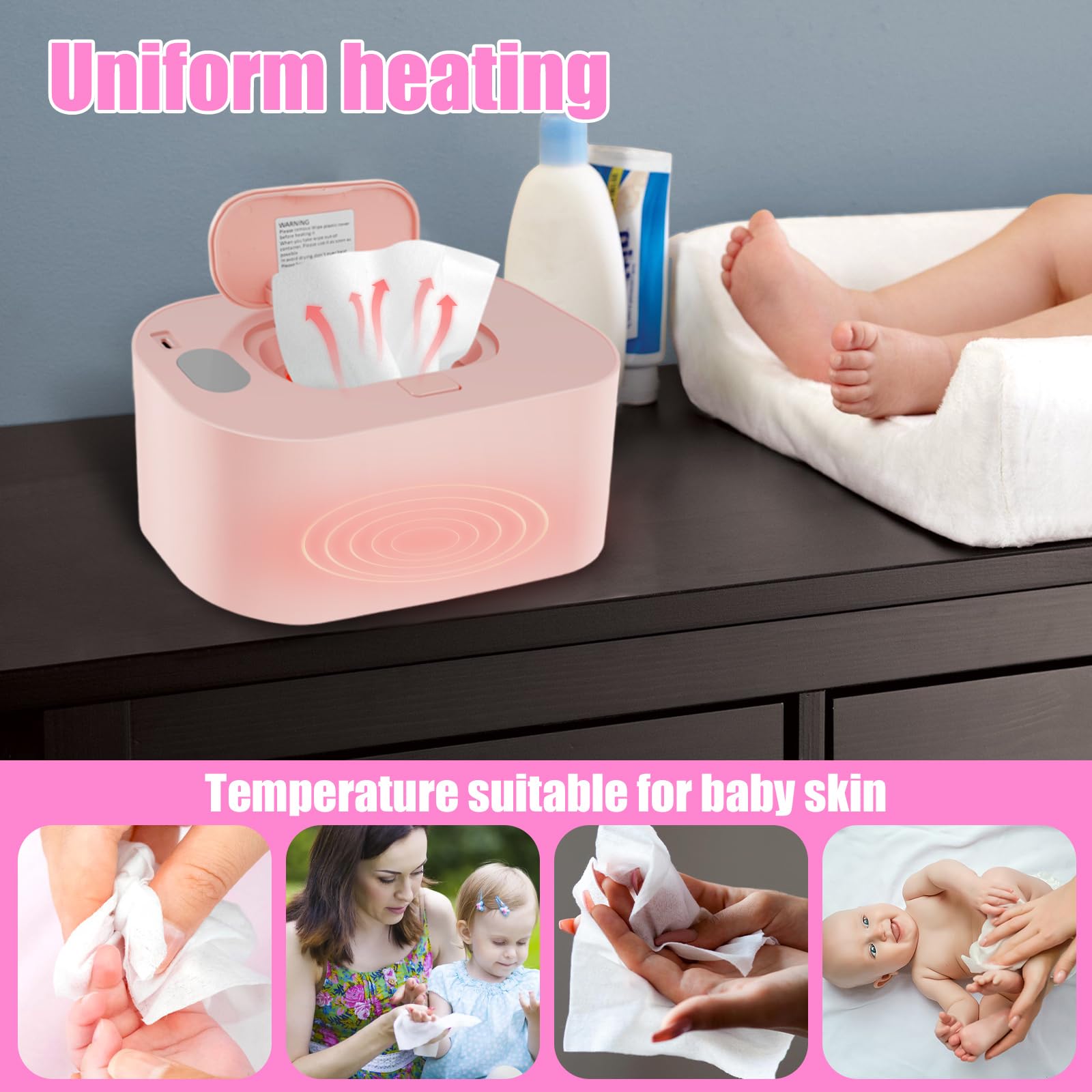 **USB Portable Baby Wipes Warmer with Thermostat Control – Even Heating for Car, Home & Nursery – Pink Wipes Dispenser | Perfect for Diaper Changes & On-the-Go Care**