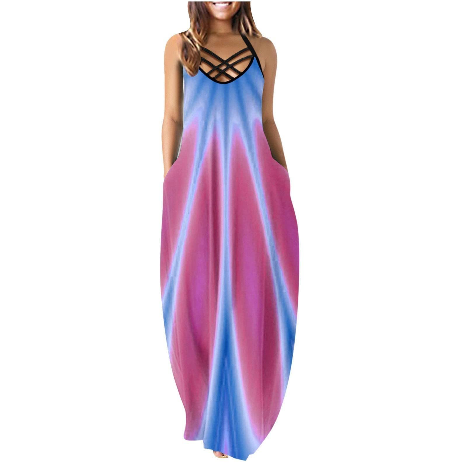 Women's Summer Sundress 2022 - Round Neck Printed Sleeveless Pullover Midi Dress with Suspenders | Renata Rib & Morello Style | Perfect for Beach Vacation, Garden Party & Casual Outings
