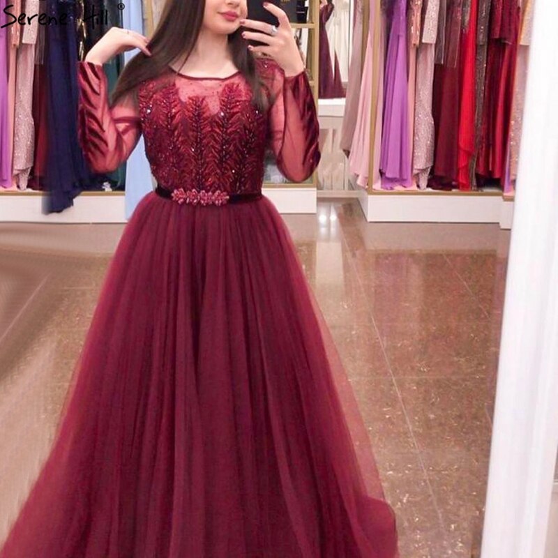 Elegant Wine Red A-Line Tulle Evening Dress with Long Sleeves and Crystal Details - Luxury Formal Gown for Prom, Wedding, and Special Occasions | Serene Hill 2025 Collection LA70280