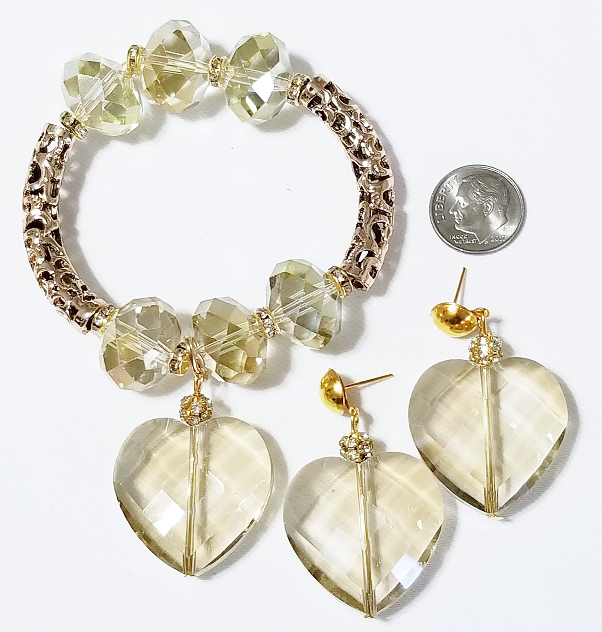Exquisite Rare Sparkly Champagne Austrian Crystal Jewelry Set - Necklace, Earrings & Bracelet with 5 Hearts Design | Perfect for Weddings, Anniversaries & Special Occasions