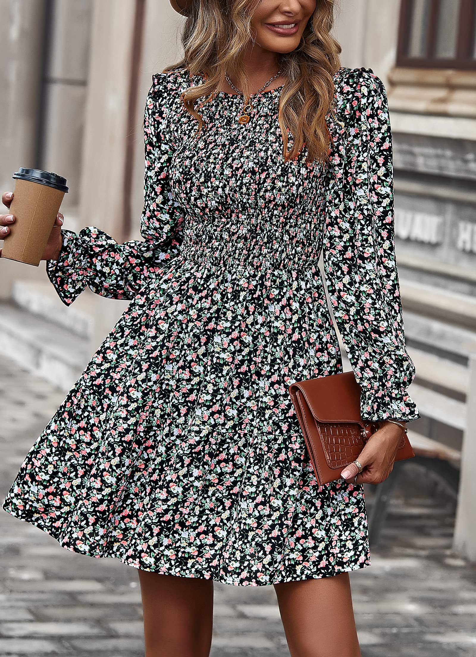 KIRUNDO Women's Floral Smocked Long Sleeve Ruffle A-Line Mini Dress - Spring Summer Party Dress 2025 | Flowy Elegant Outfit for Garden Parties, Date Nights & Special Occasions