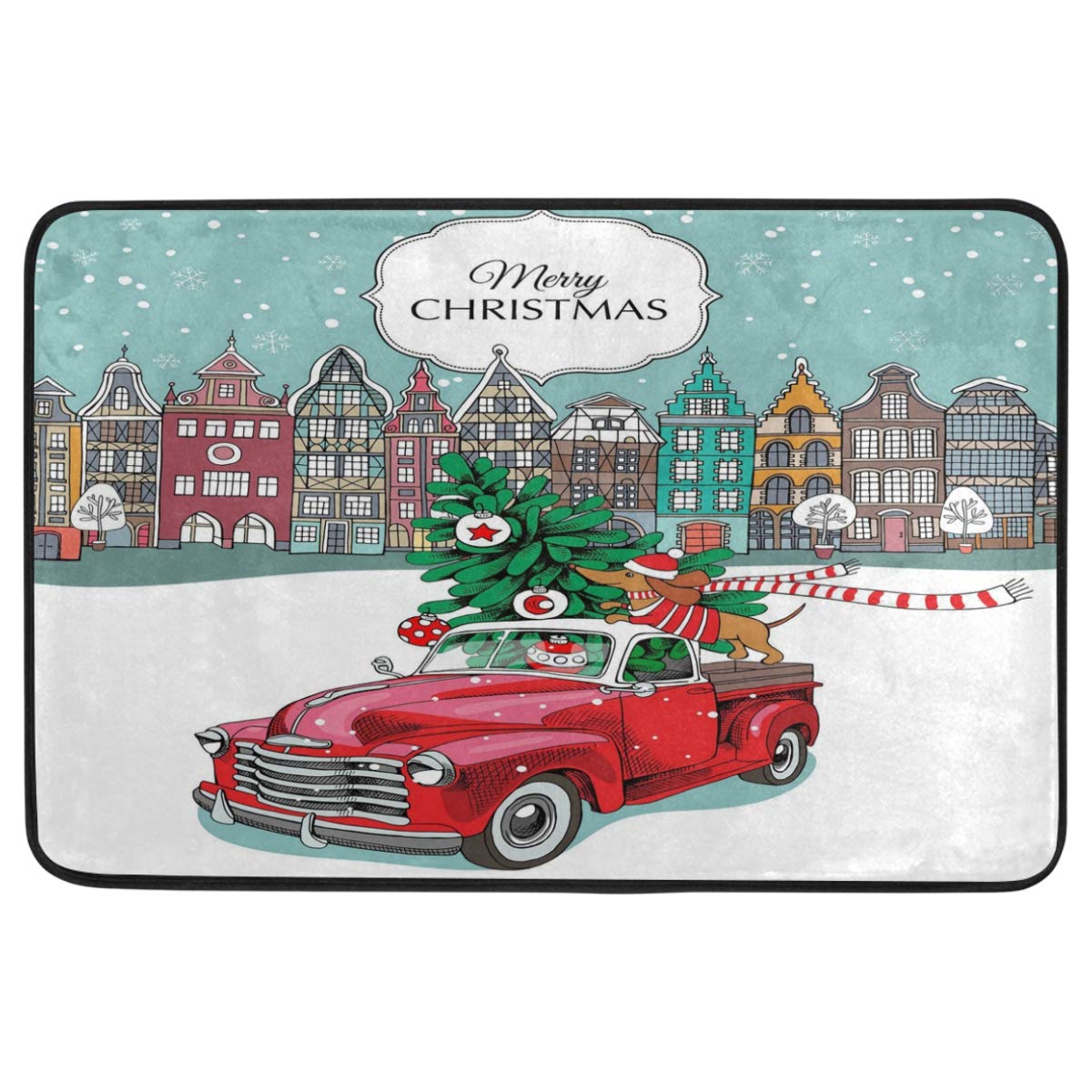 Festive Christmas Doormat - Red Truck & Tree Holiday Decor - Non-Slip Washable Indoor/Outdoor Welcome Mat - Dachshund Dog Snow Design - 23.6