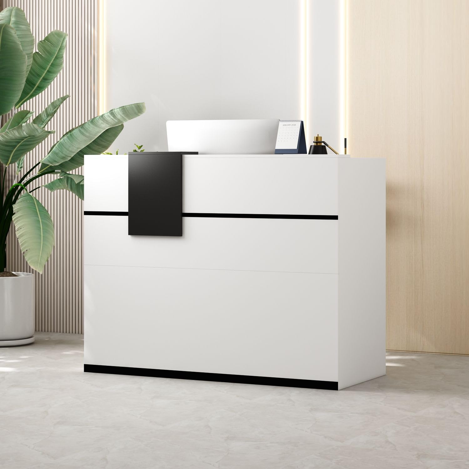 Black Reception Desk with Lockable Drawer & Movable Shelves - 55.1