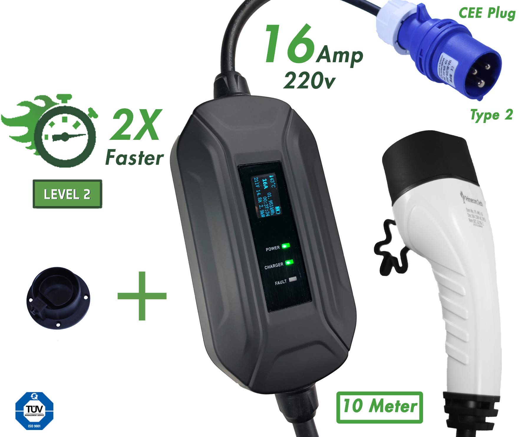 PRIMECOM Type 2 (IEC 62196-2) Level 2 Portable EV Charger - 220V/240V 16A Smart Electric Vehicle Charging Station with 10m CEE Mennekes Cable - Perfect for Home, Garage & Travel Charging