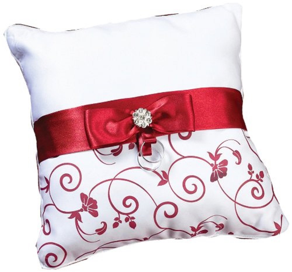 Lillian Rose Wedding Ring Pillow - 8 Inch Silk Ring Holder for Bride and Groom - Elegant Red and White Floral Design - Perfect for Ceremony, Vow Renewal & Photo Props