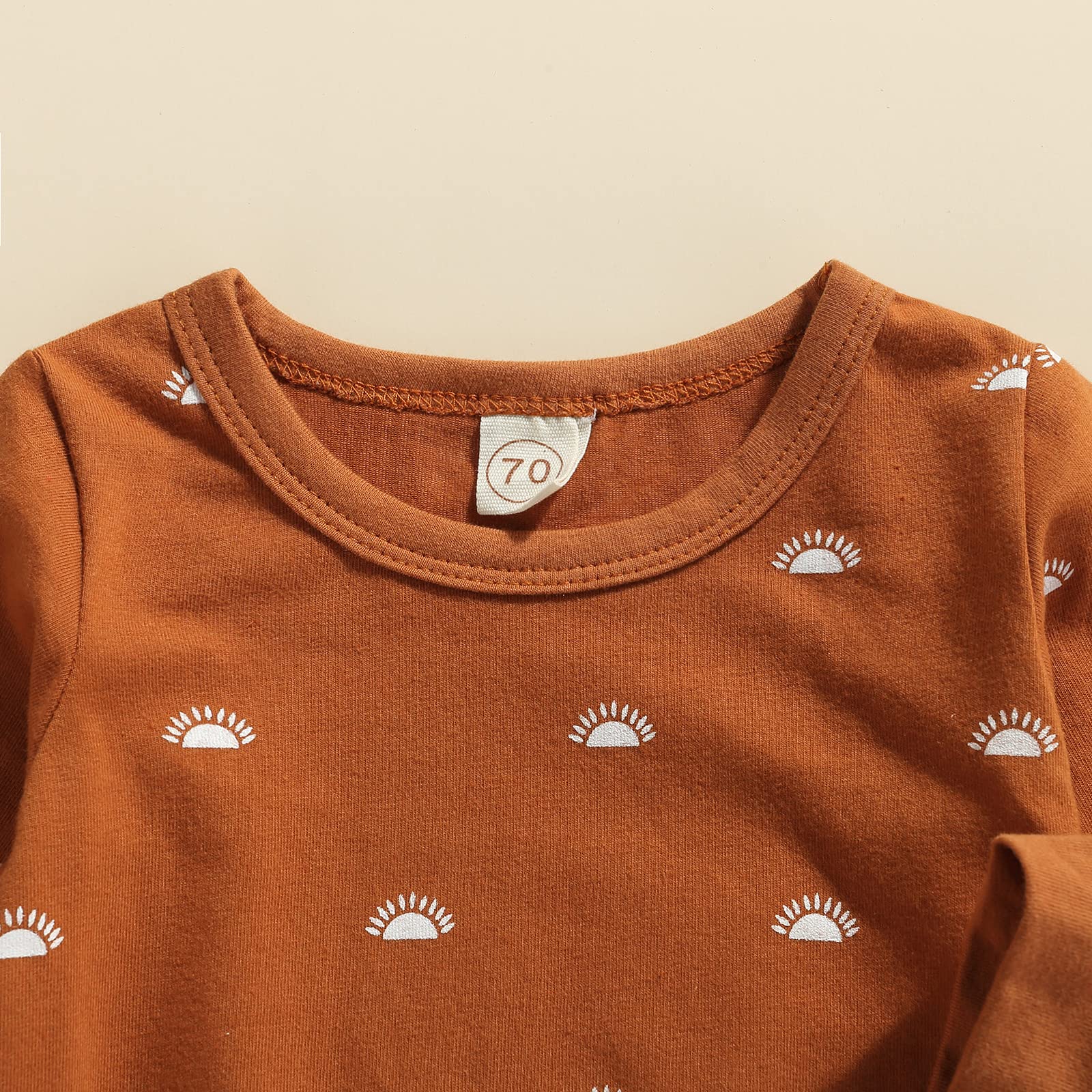 **Newborn Baby Boy & Girl 2-Piece Spring & Autumn Outfit Set – Sun Print Long Sleeve Crew Neck Pullover Sweatshirt & Pants (Brown Sun, 6-12 Months) – Perfect for Playdates, Family Photos & Casual Outings**