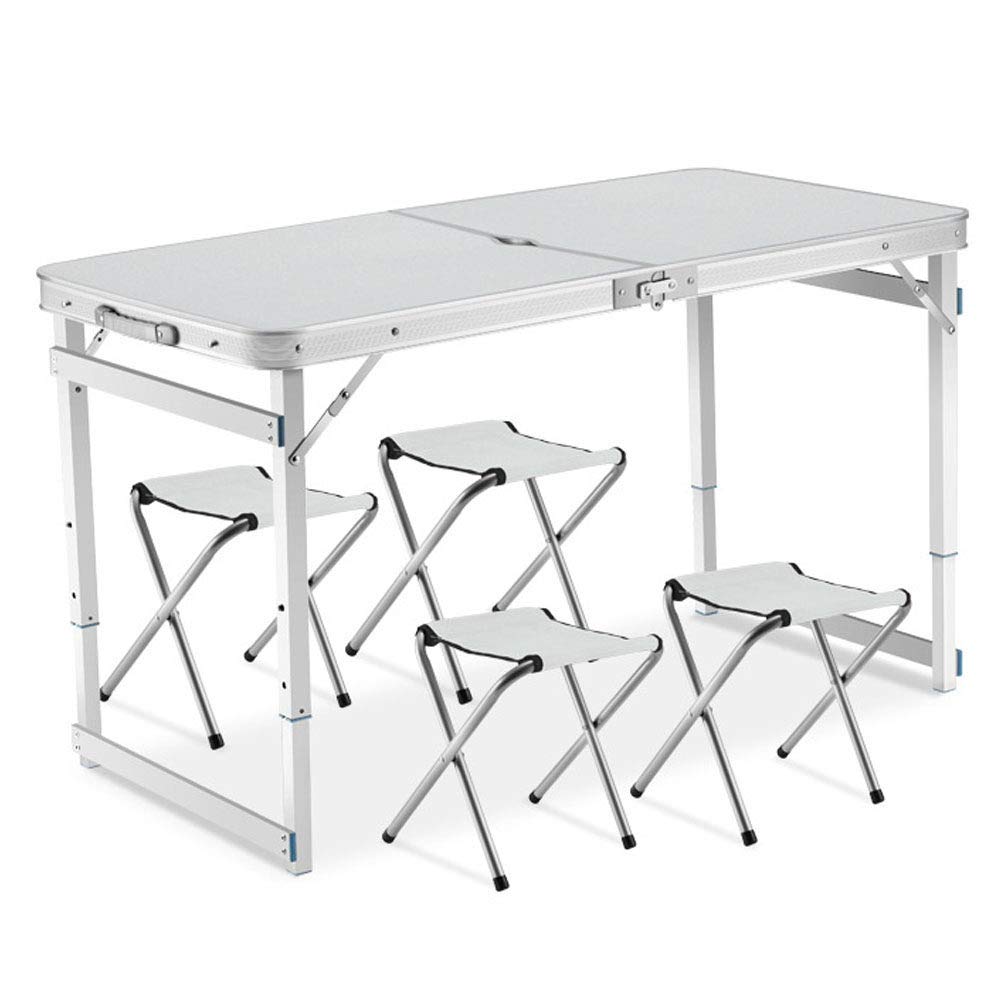 ZLYCZW Adjustable Height Folding Picnic Table with 4 Stools - Lightweight Aluminum Portable Outdoor Dining Set for Camping, BBQ, Beach, Backyard & Tailgating Parties (White) - Perfect for Family Gatherings, Picnics and Outdoor Adventures