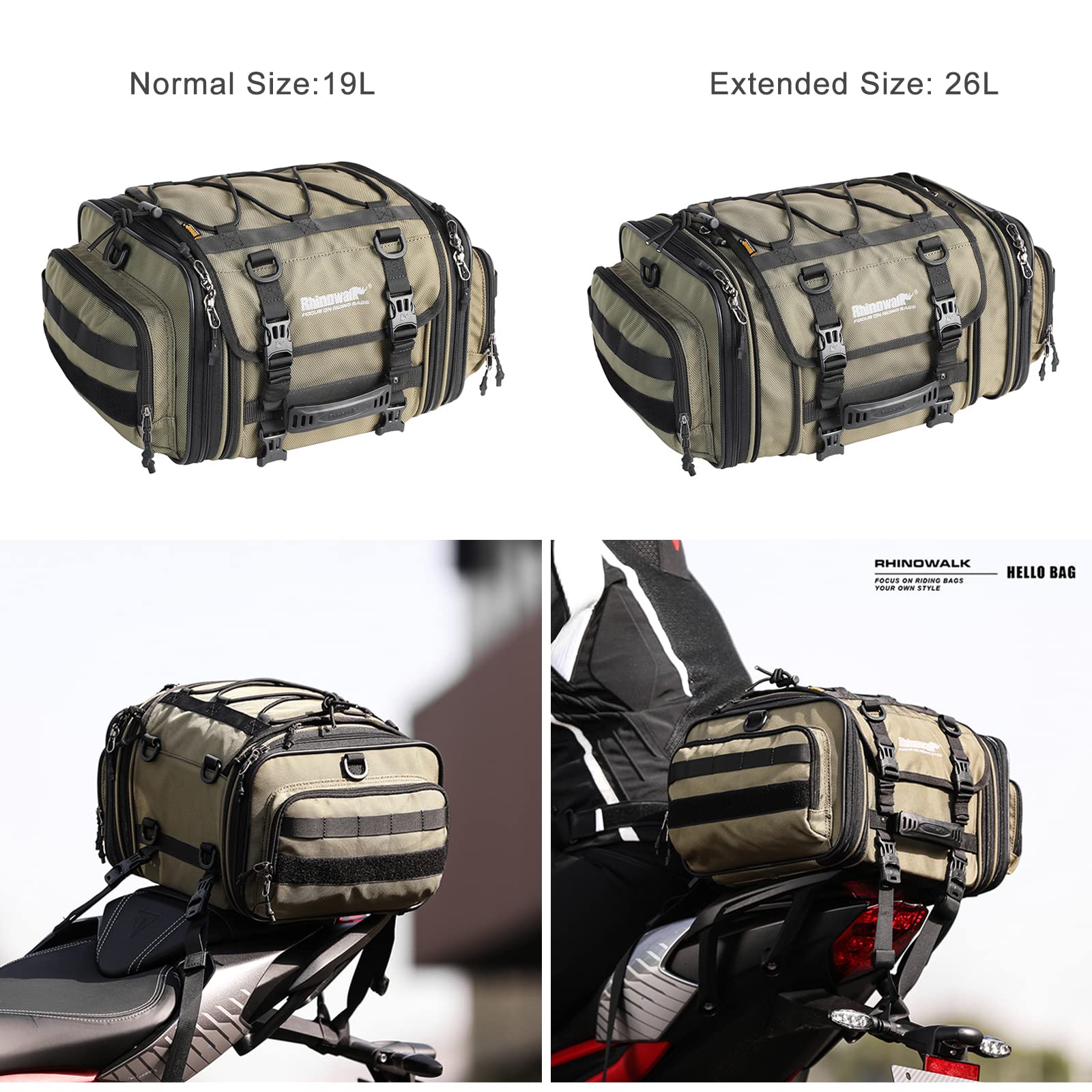 Rhinowalk 26L Waterproof Expandable Motorcycle Saddle Bag - Motorbike Tail Pannier for Powersports & Travel Luggage (Army Green) | Durable Storage for Road Trips, Commuting & Adventure Riding