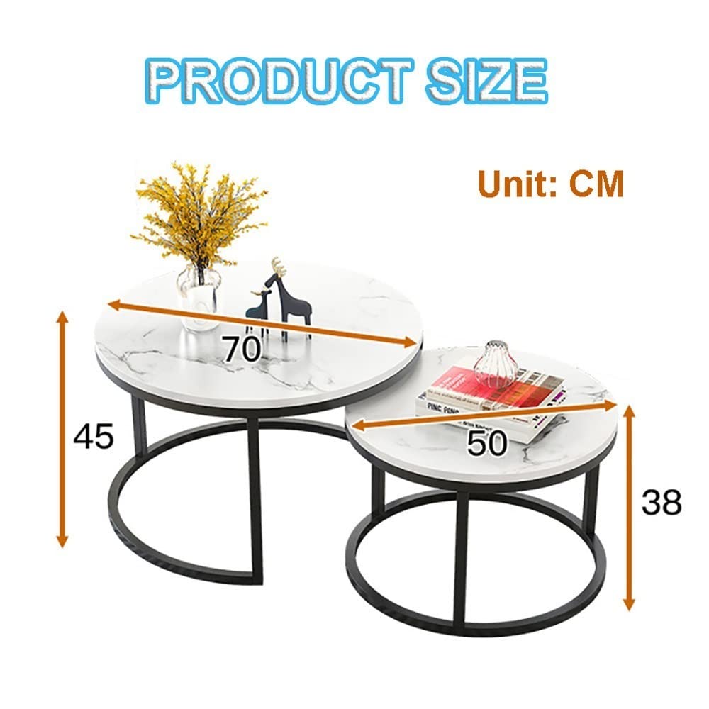 Modern Round Nesting Coffee Table Set of 2 - Faux Marble Top & Metal Frame Side Tables for Living Room, Office, Bedroom - Space Saving End Tables for Small Spaces, Sofa Corner, Dining Area