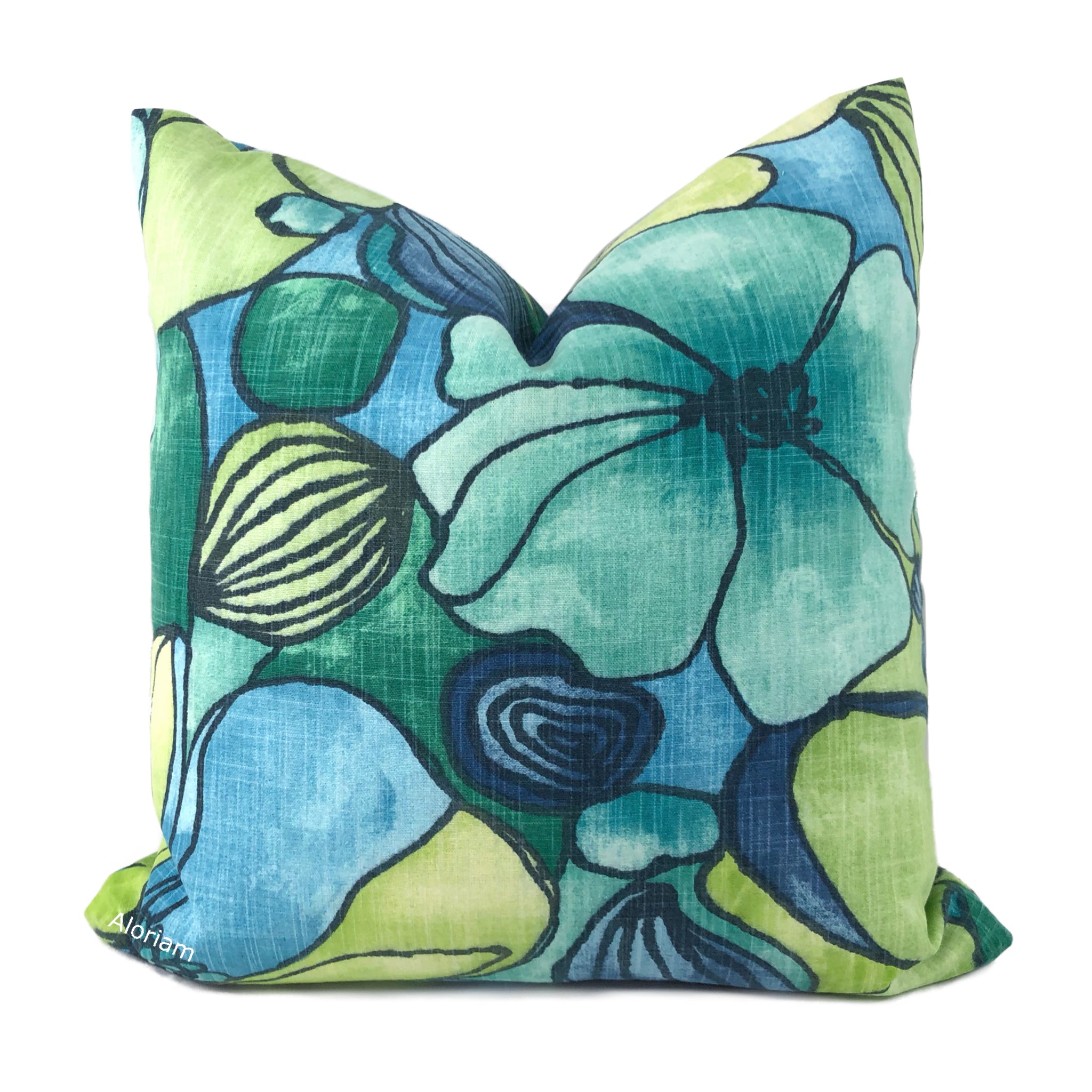 Modern Floral Pillow Cover - Green, Blue & Lime Bohemian Design - Perfect for Living Room, Bedroom & Home Decor