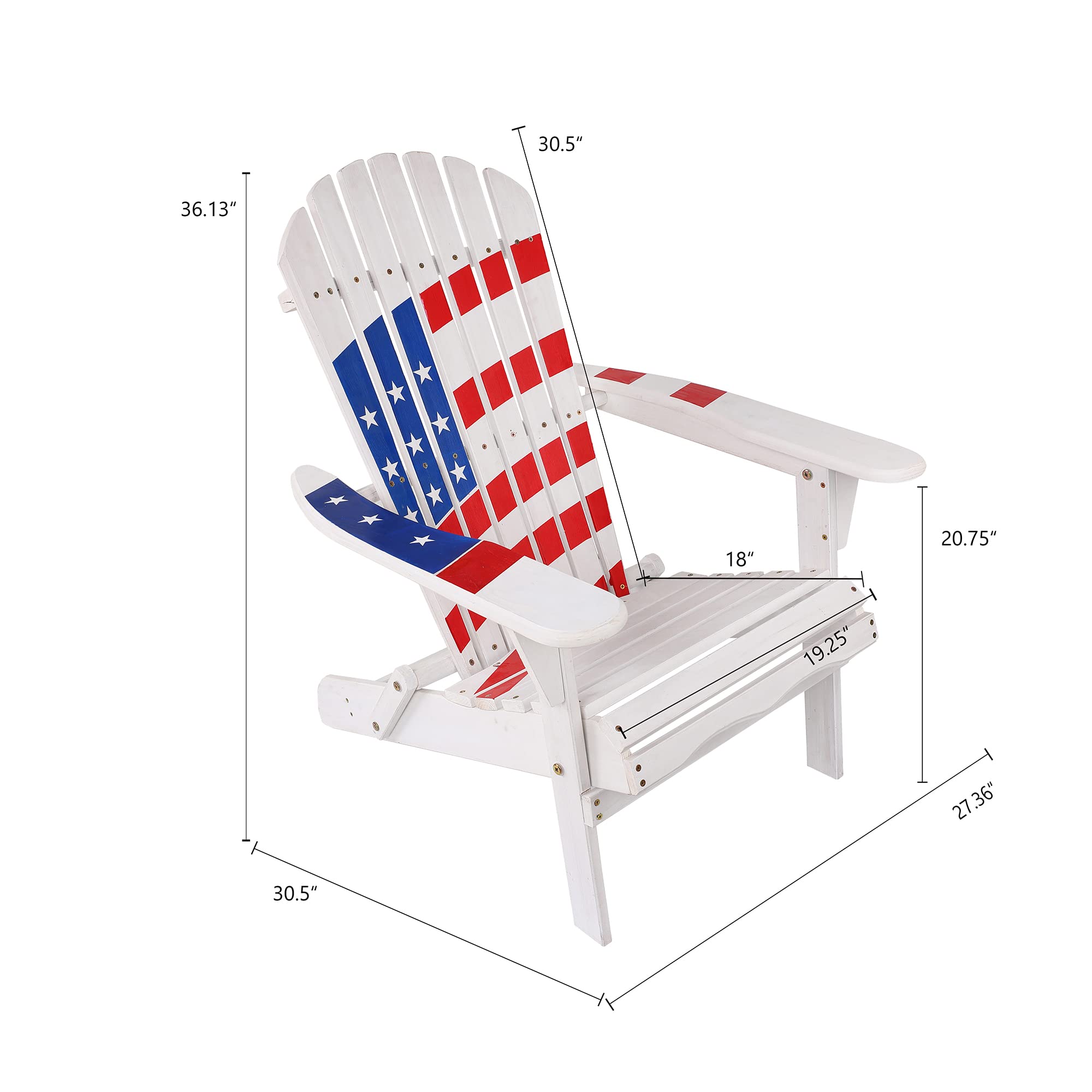 LuxenHome Folding Adirondack Chair - Patriotic Stars & Stripes Design, Oversized Fire Pit Lounge Chair for Outdoor, Patio, Garden & Backyard - Durable Fir Wood Construction - Perfect for Camping, BBQs & Relaxing in Your Yard