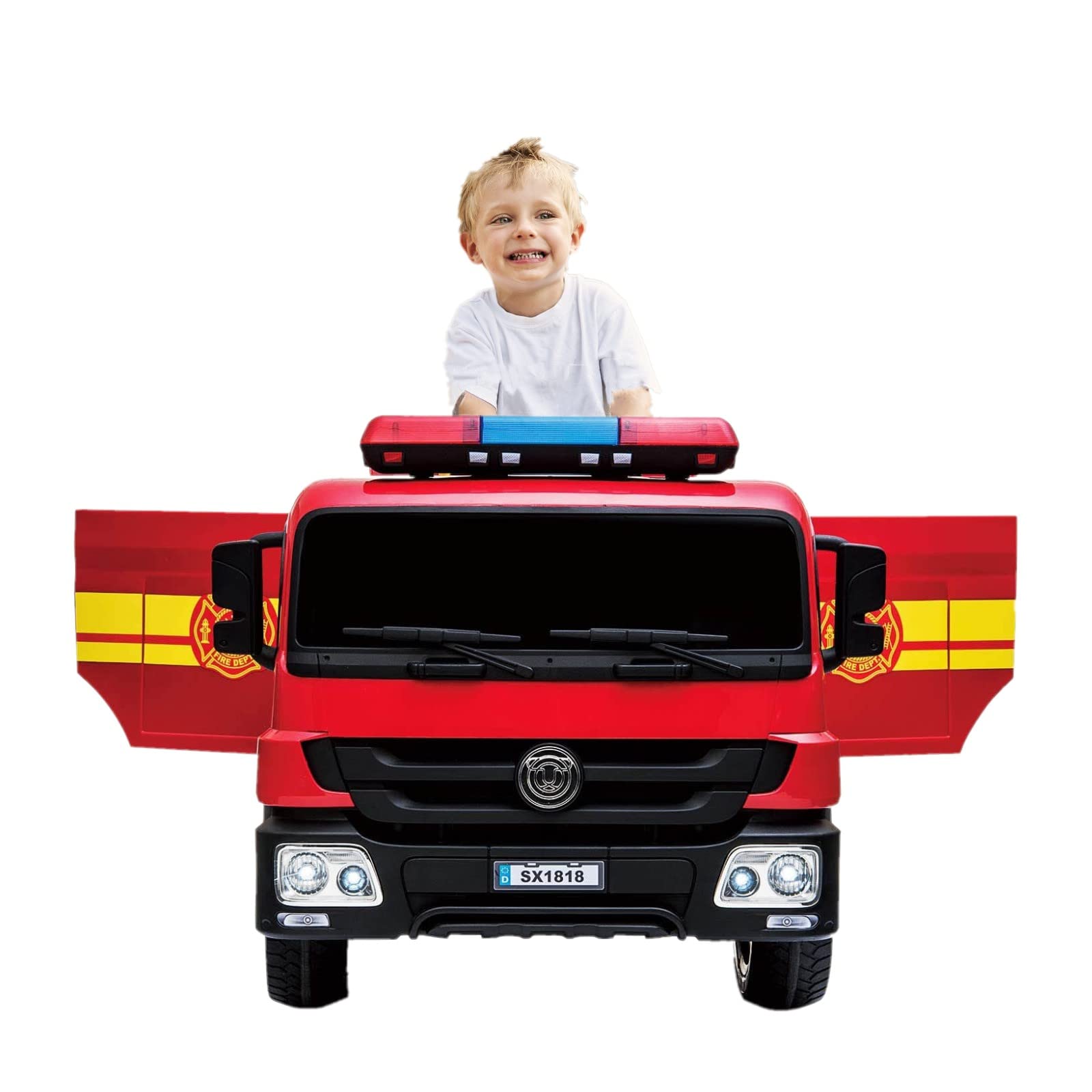 TLSUNNY 12V Kids Electric Ride On Fire Truck Toy - Remote Control Motorized Fire Engine Car with Spring Suspension, 3 Speeds, Water Gun, Firefighter Hat & Extinguisher - Perfect for Birthday Gifts & Outdoor Play