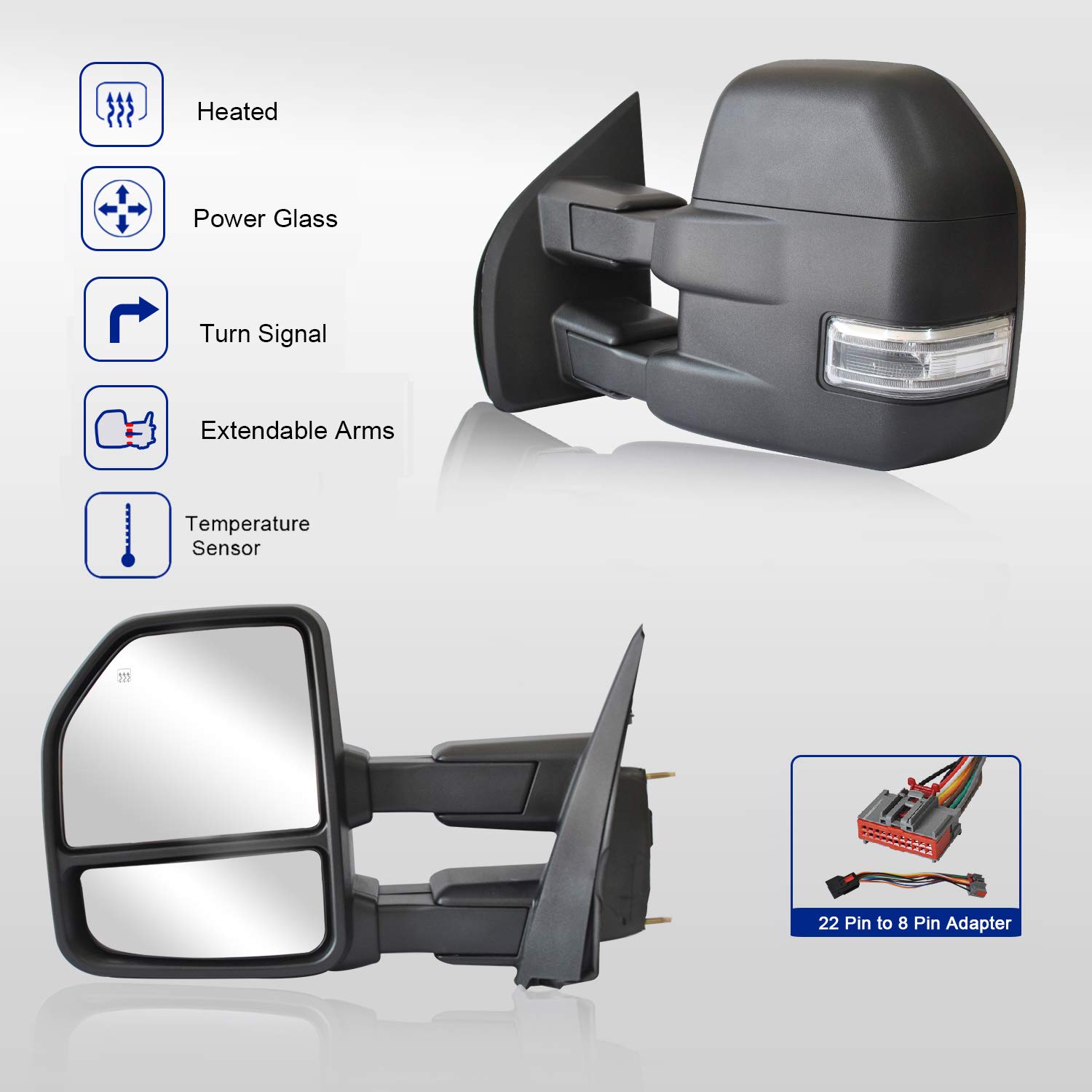 WLLW Power Heated Towing Mirrors with Turn Signal Light for Ford F150 (2015-2020) - Black Housing | Enhanced Visibility & Safety for Pickup Trucks