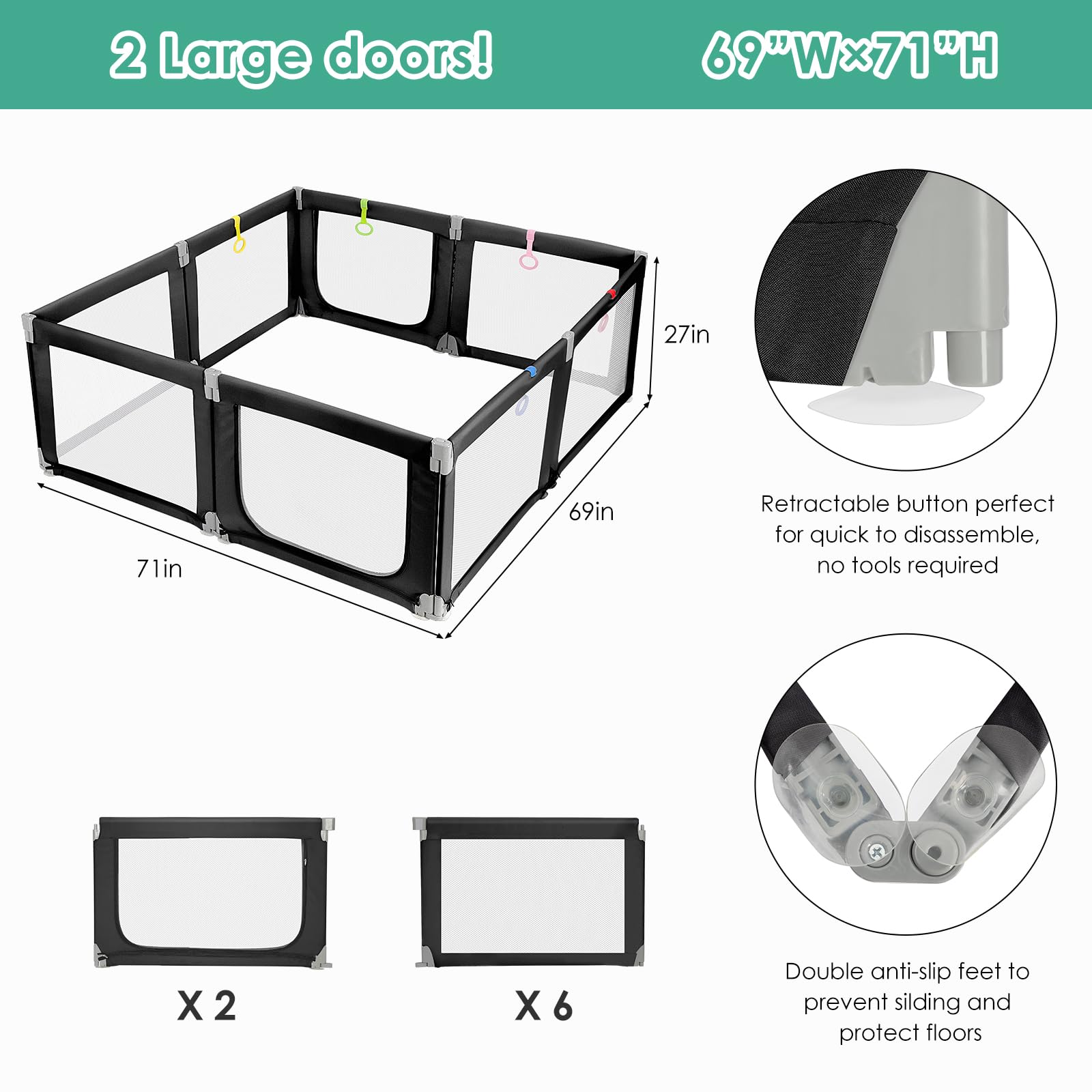 Foldable Baby Playpen for Toddlers & Infants - Adjustable Size, Safe Gate, Indoor & Outdoor Use - Large 71