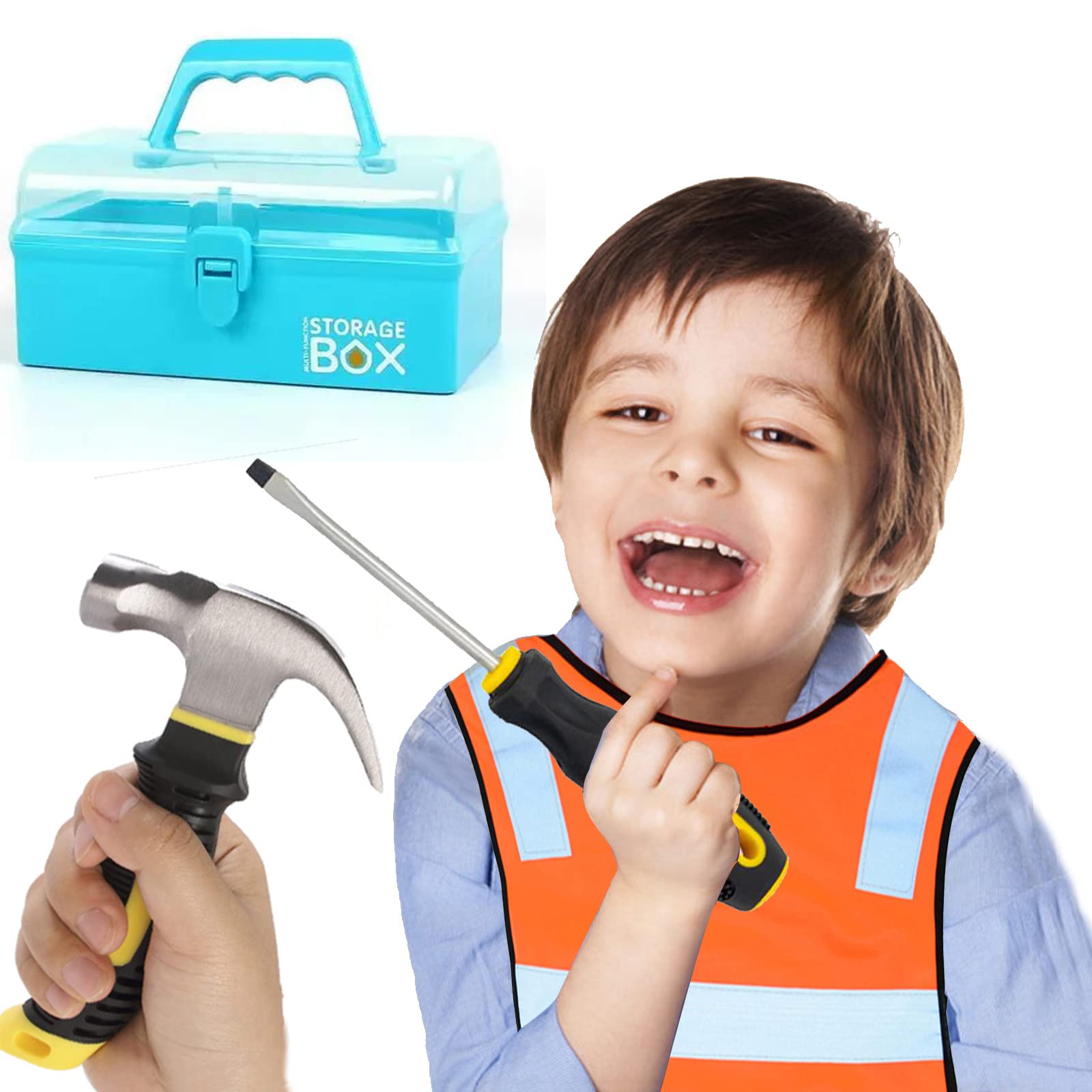 **20Pcs Kids Construction Tool Set with Blue Toolbox & Safety Gear – Beginner Woodworking Tools, STEM Educational Gift for Boys & Girls – Perfect for DIY Projects & Pretend Play**
