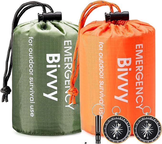 2-Pack Emergency Sleeping Bags - Lightweight Polyester Survival Bivy Sack with Compass & Whistle for Outdoor Adventures, Camping, Hiking, Earthquakes & Hurricane Preparedness - Compact Survival Gear for Wilderness Emergencies