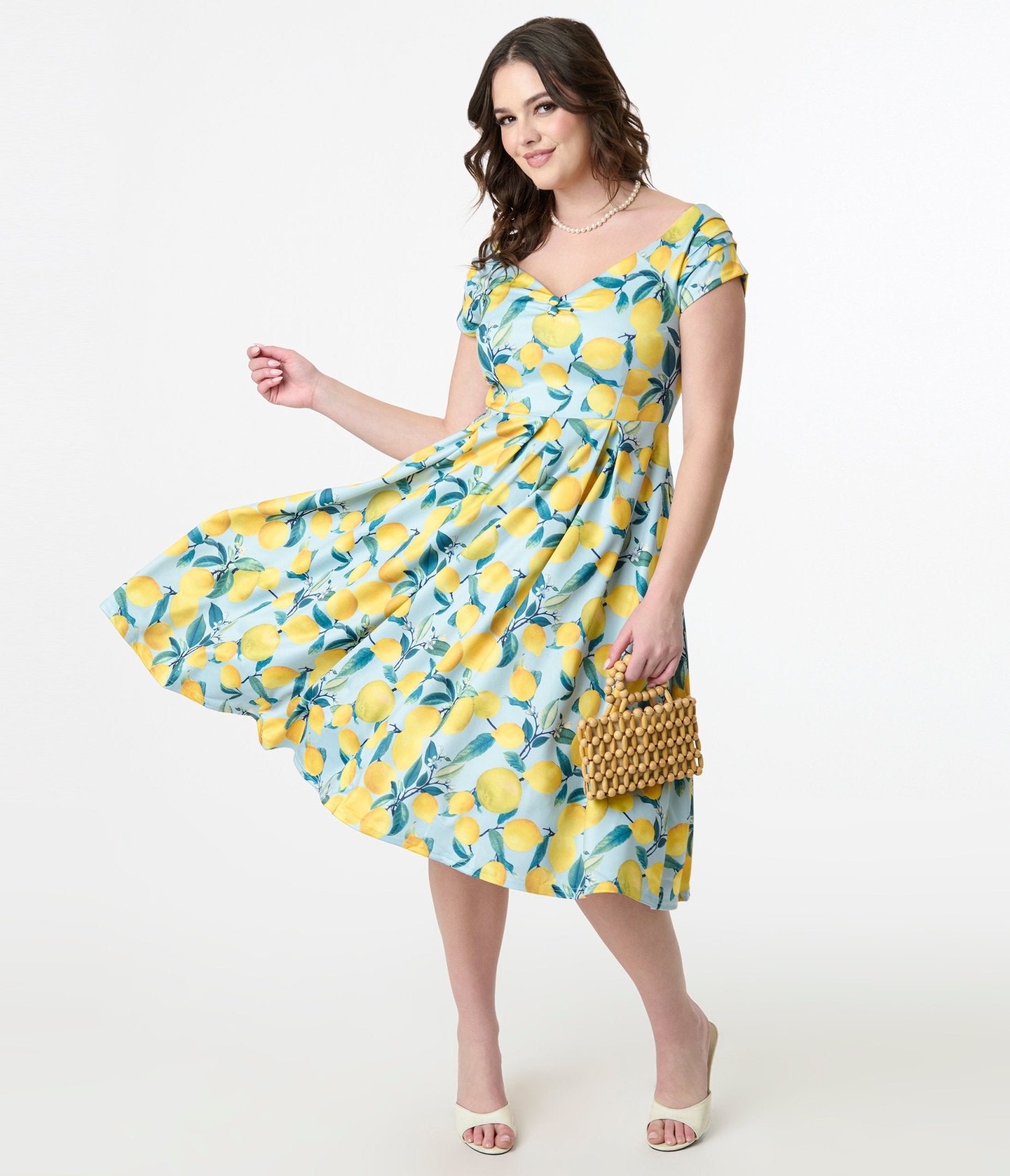 Vintage 1950s Blue & Yellow Lemon Print Off-The-Shoulder Swing Dress - Retro Summer Party, Beach Vacation & Cocktail Outfit for Women