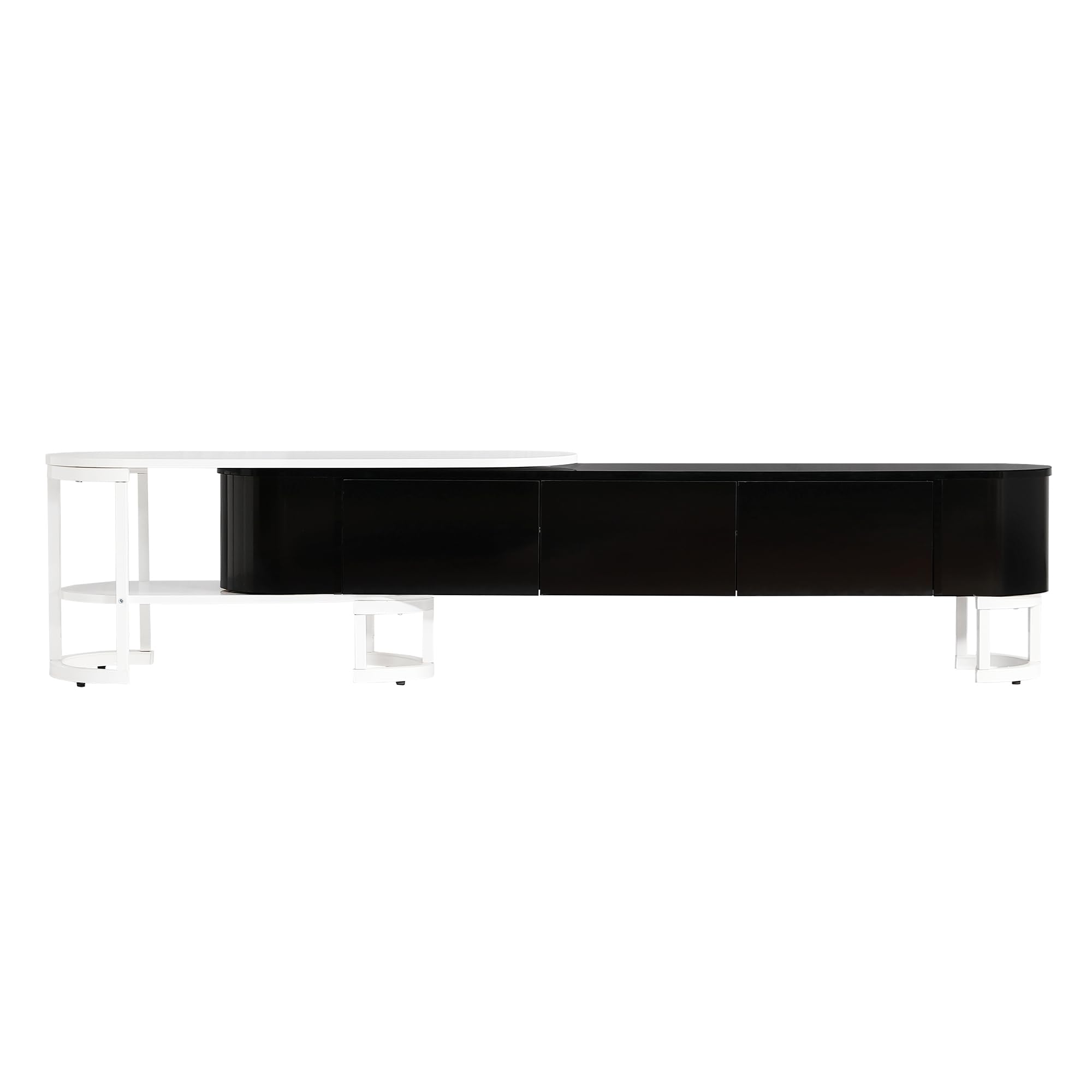 Modern Extendable TV Stand for 55-75 Inch TVs - Black Entertainment Center with 3 Storage Drawers & Adjustable Metal Legs (67.7-76.4
