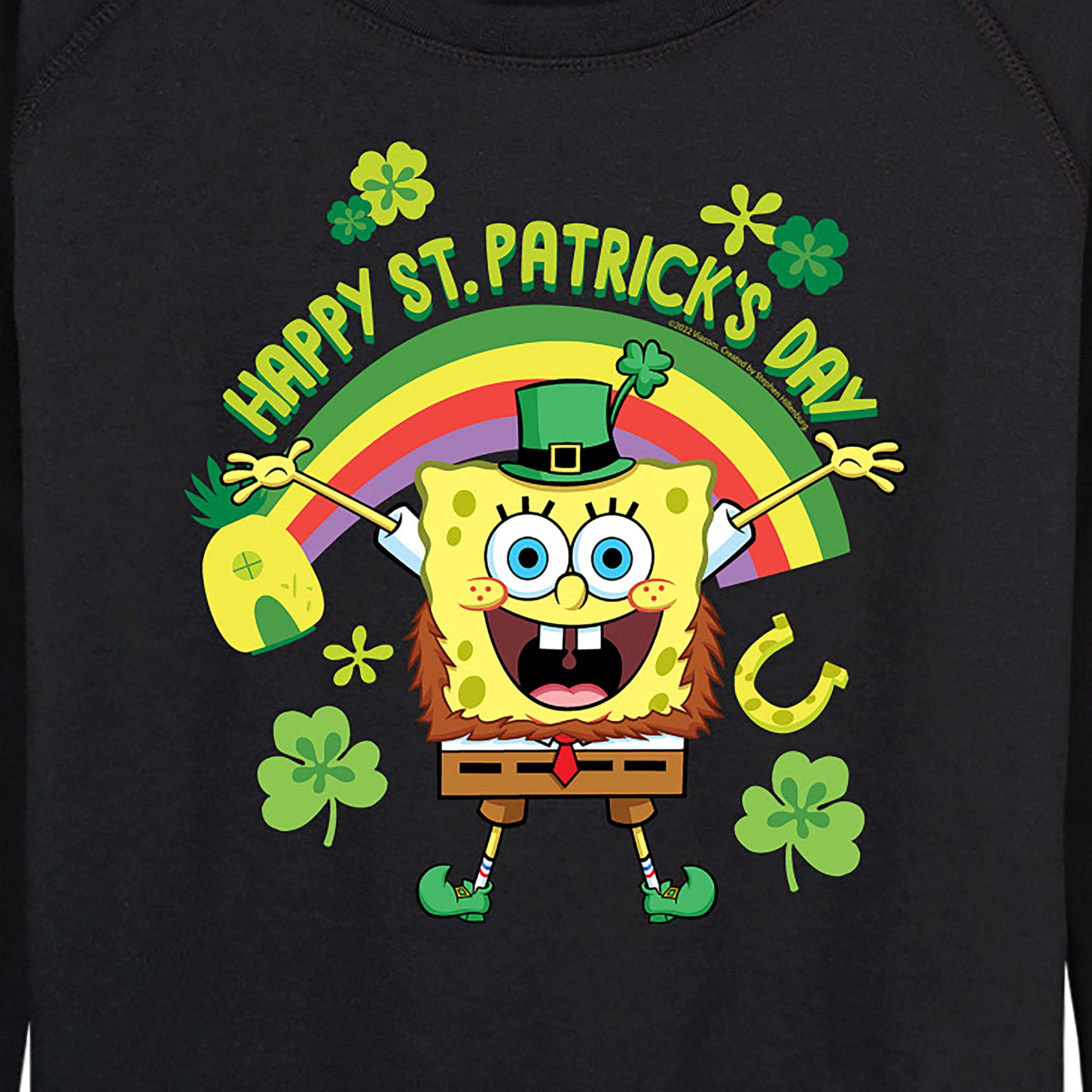 HYBRID APPAREL SpongeBob SquarePants St. Patrick's Day Women's Lightweight French Terry Pullover Hoodie - Cute Cartoon Graphic Sweatshirt for Holiday Parties & Casual Wear